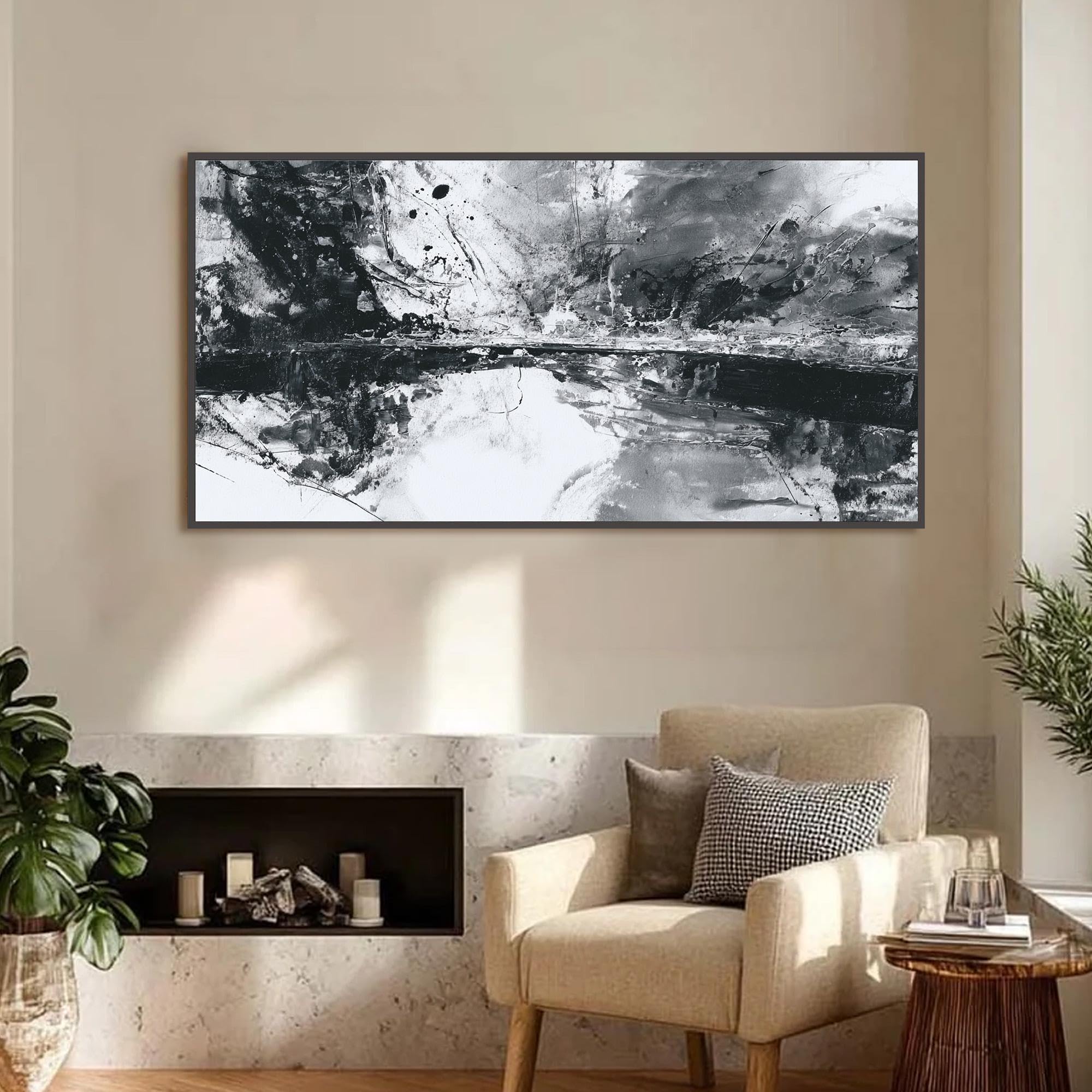 UUDEZO Gran cuadro abstracto al óleo en blanco y negro, arte de pared para la decoración de la sala de estar (80x160cm (31x63in)