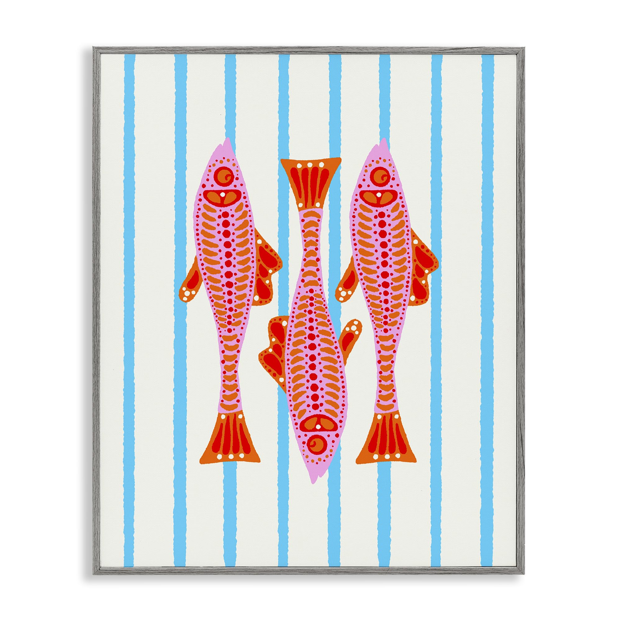 Stupell Industries Farmhouse Gray (Textured) 'Bright Aquatic Fish On Stripes'| Framed Giclee Art