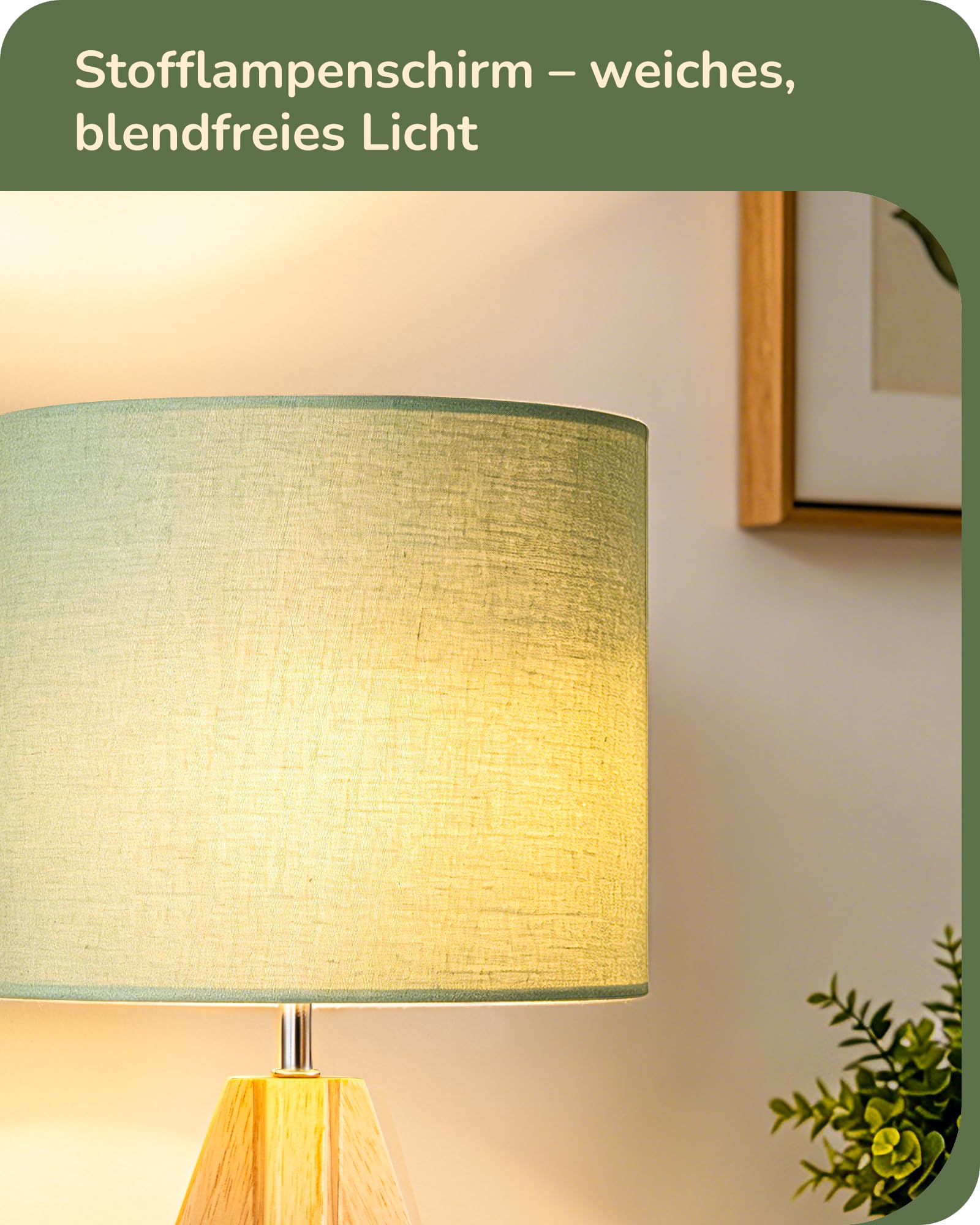 EDISHINE LED Nachttischlampe, Leinenschirm und Massivholzsockel, 2er-Set Moderne Tischlampe, 2700K warmweiß, E27 Nachttischleuchte für Schlafzimmer Wohnzimmer, inkl. 4W LED