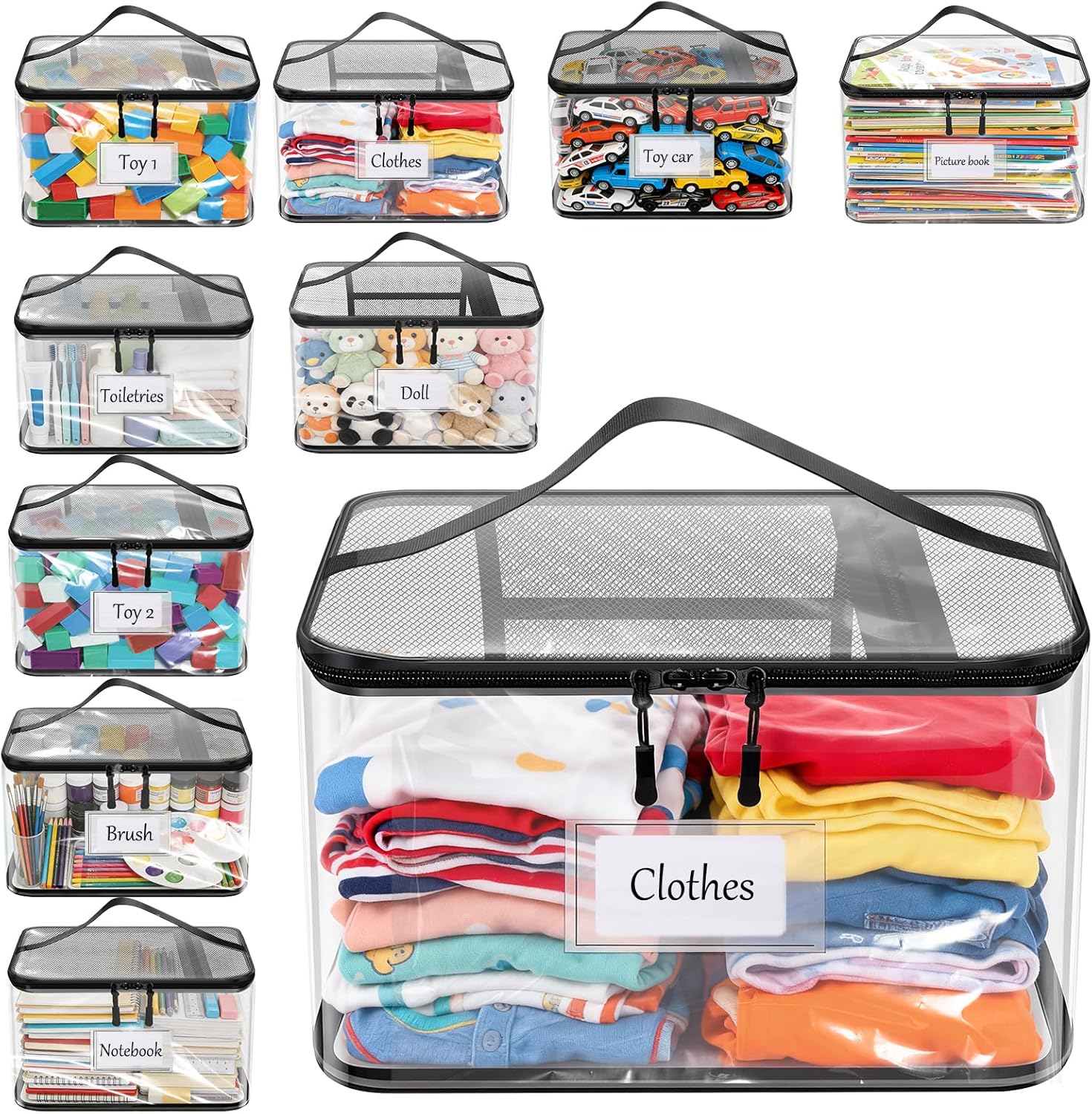10 Pack Large Clear Toy Storage Bags,Heavy Duty PVC Toy Organizer with Double Mesh Pockets & Writeable Labels, Stackable Waterproof Toy Storage Bins for Kids Dolls,Board Games,Travel
