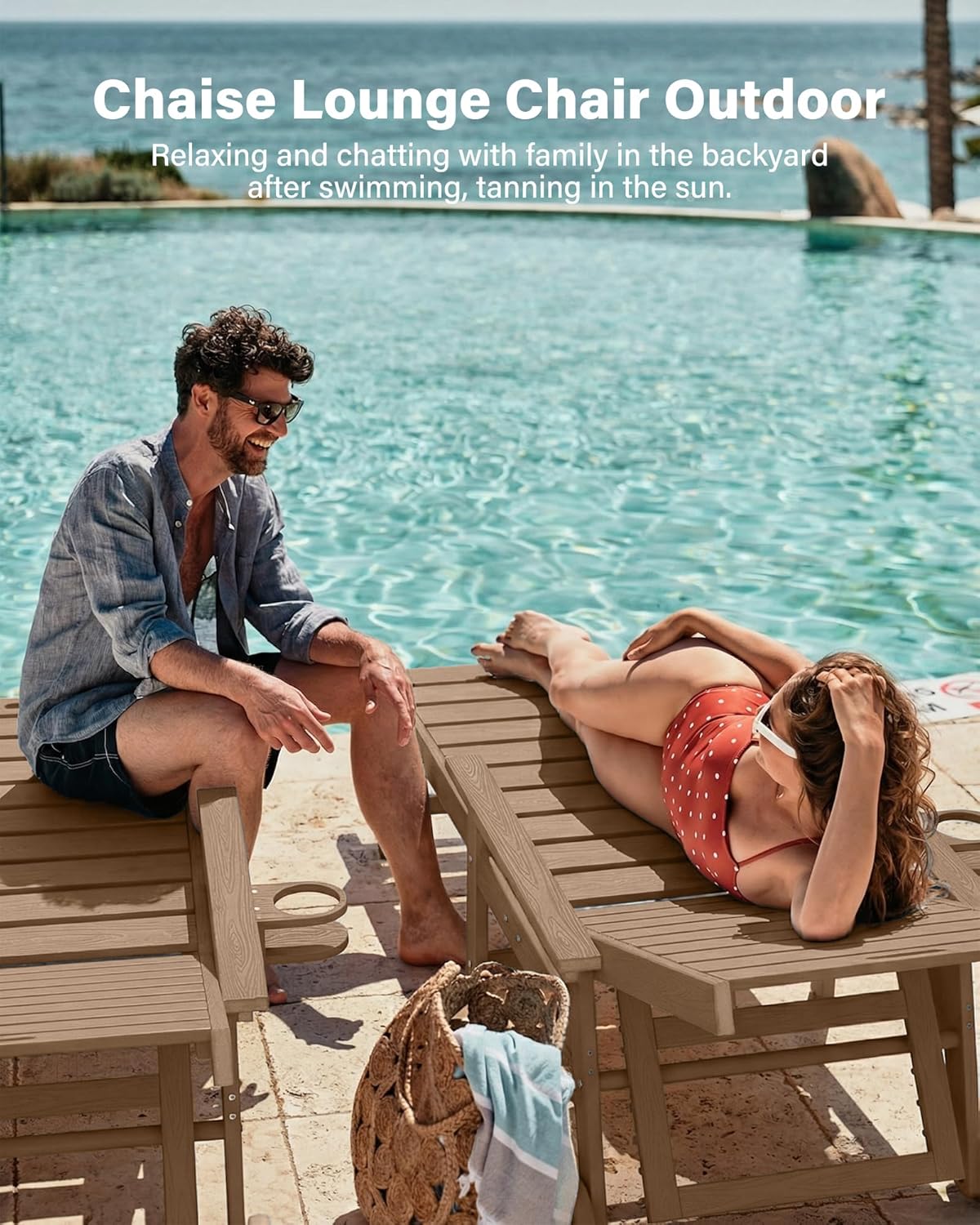 YEFU Lounge Chair Outdoor Set of 2: Outdoor Chaise Lounge with 5-Level Adjustable Backrest, Cup Holders & Wheels, All-Weather Resistance Chaise Lounge for Outside/Patio/Beach/Deck, Teak