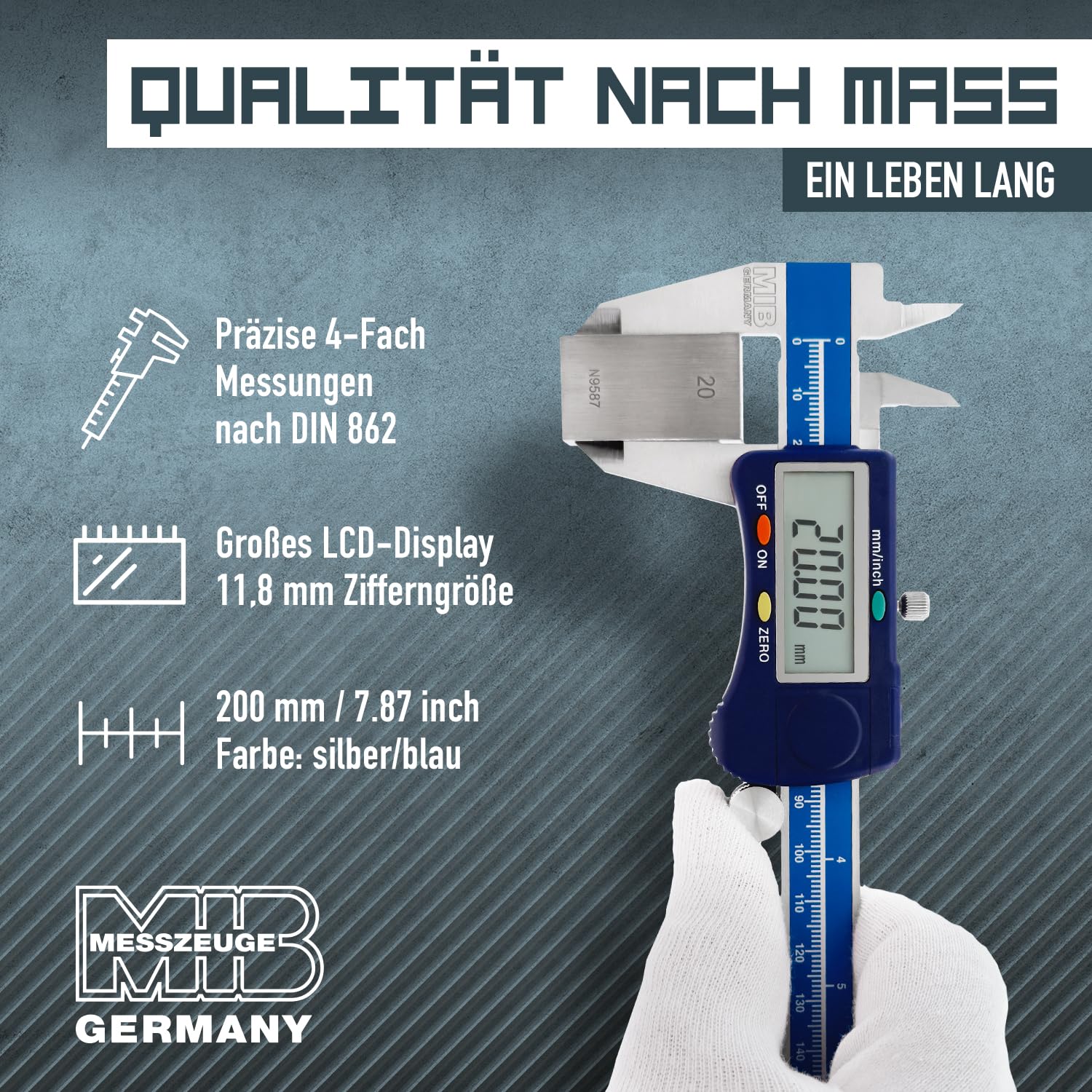 MIB Calibro a corsoio digitale con rotella DIN 862 200 mm | Strumento per misurazioni precise | Calibro a corsoio digitale in acciaio inossidabile | Calibro a corsoio digitale con ampio display LCD |
