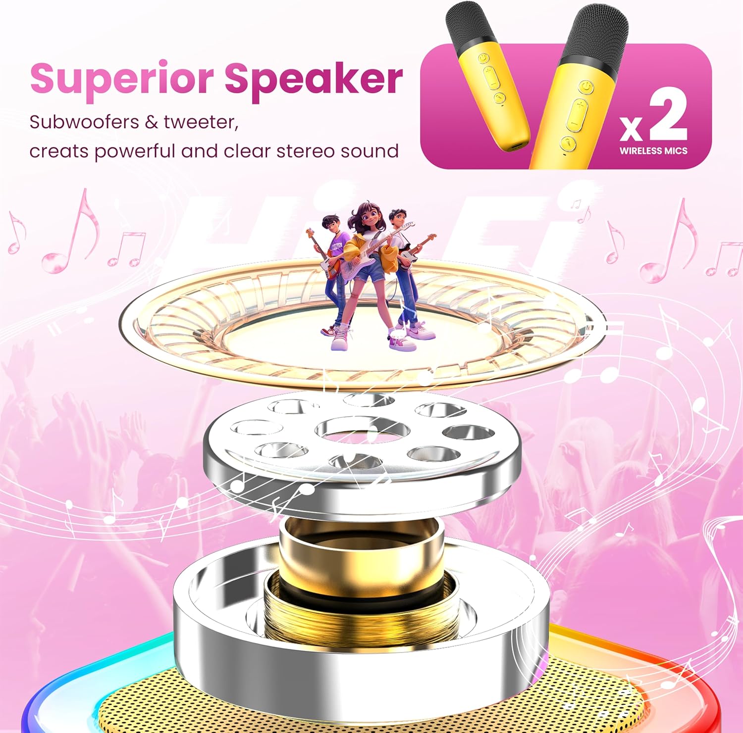 Karaoke Machine for Kids Adults, Portable Bluetooth Speaker with 2 Wireless Karaoke Microphones, 2026 TOP Birthday for Girls 3,4,5,6,8+Year Old Toddler Toys Karaoke Player(Yellow) - Image 2