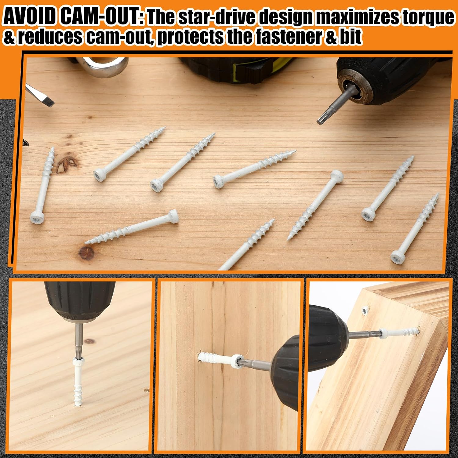 Condition photo showing New/Like New for morningro #8 x 1-5/8" (approx. 290 pcs) white trim screws 2 lb box, durable wood screws, serrated thread for secure fastening, avoid cam out, with a drill bit
