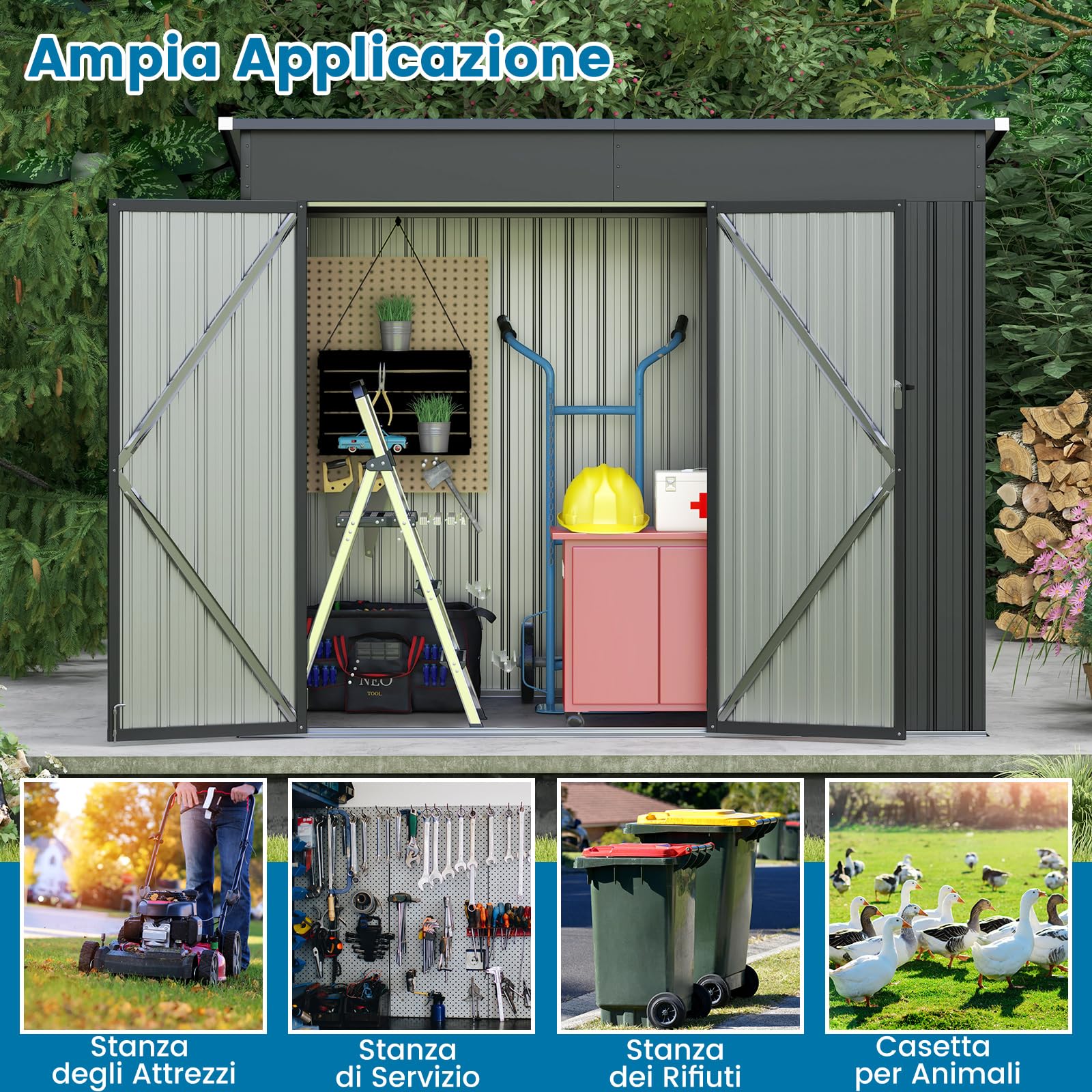 COSTWAY Capanno da Giardino 2,6㎡, Casetta Porta Attrezzi da Esterno in Metallo Zincato Resistente alle Intemperie con 2 Porte e Tetto Inclinato, Ripostiglio per Cortile (Grigio)