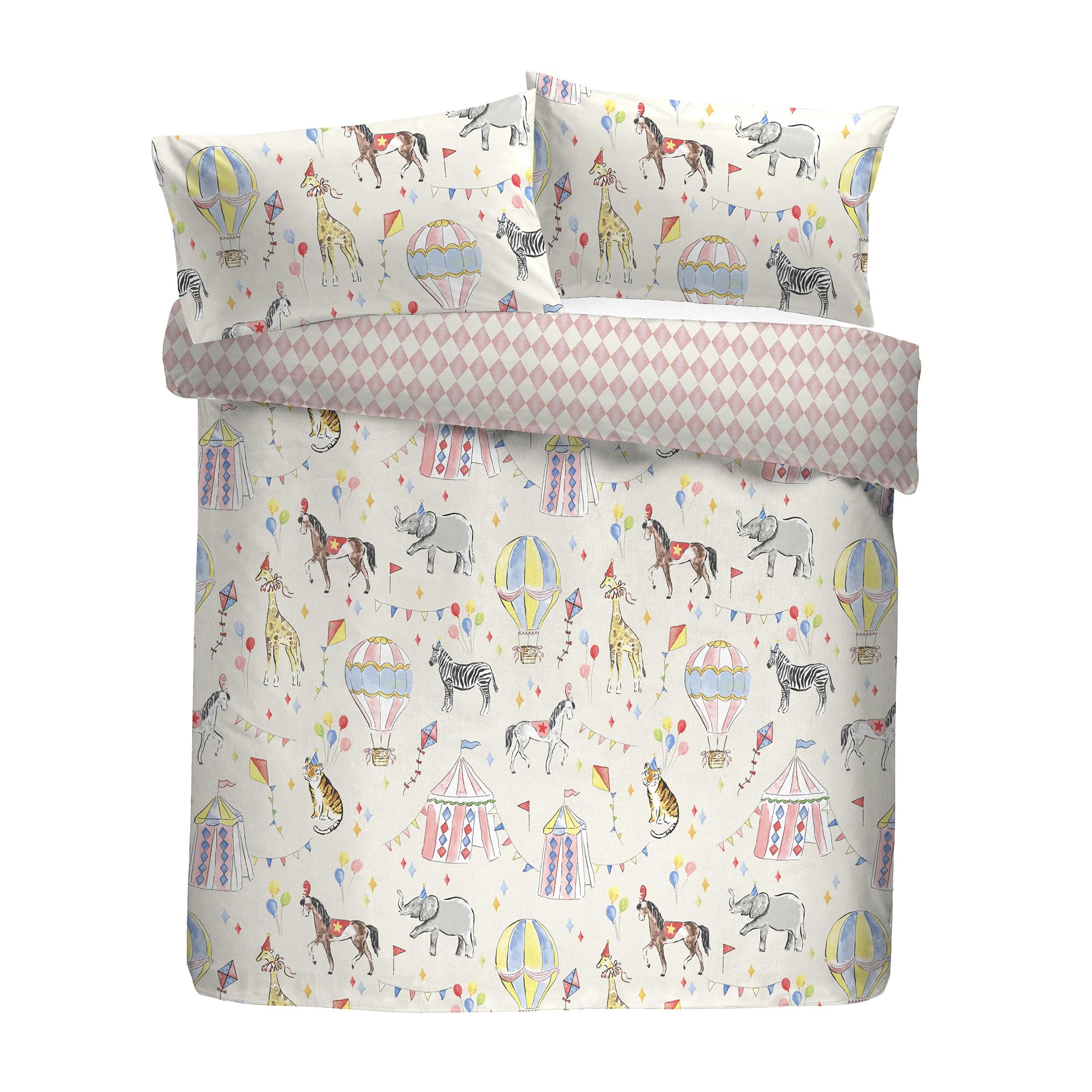 Bedlam Circus Time Duvet Cover Set, 100% Polyester, Single Size 140x200cm, Multi-Colour, Watercolour Circus Print, Reversible with Harlequin Pattern