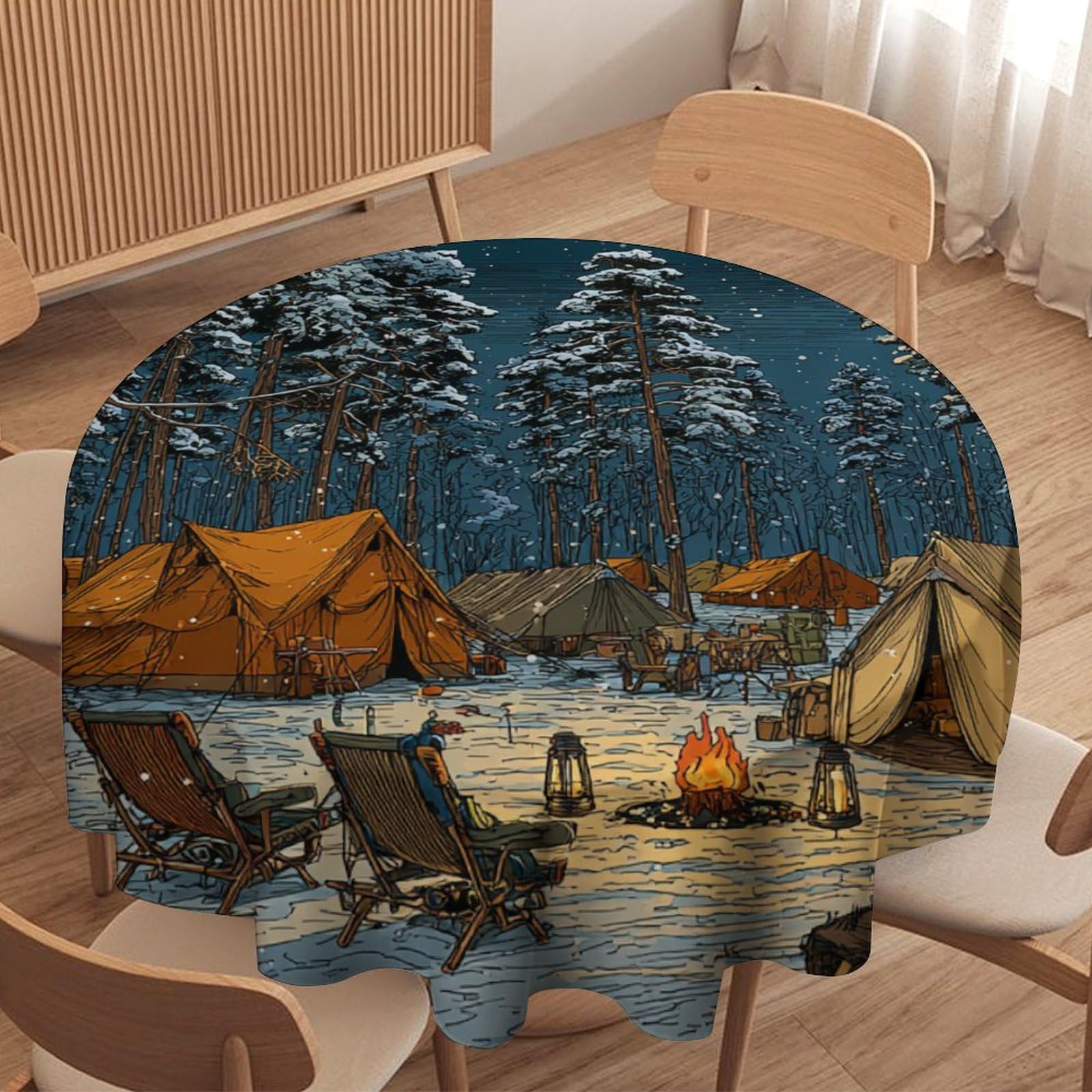 LUYYSKY Beautiful Classic Winter Camping Waterproof Round Tablecloth Colorful Realistic Snowy Forest Campfire Tent Pattern Washable Table Cover for Kitchen-152.4" Wx152.4 L cm