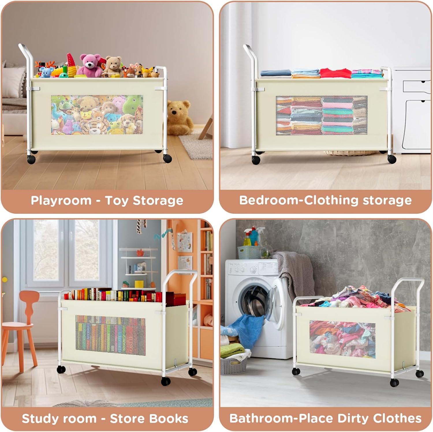 KEEGH Extra Large Toy Box for Kids with 360° Rotating Wheels, Heavy Duty Toy Chest for Boys and Girls, Toy Storage Organizer for Kids, Toy Bins for Living Room, Nursery, Bedroom (Beige)