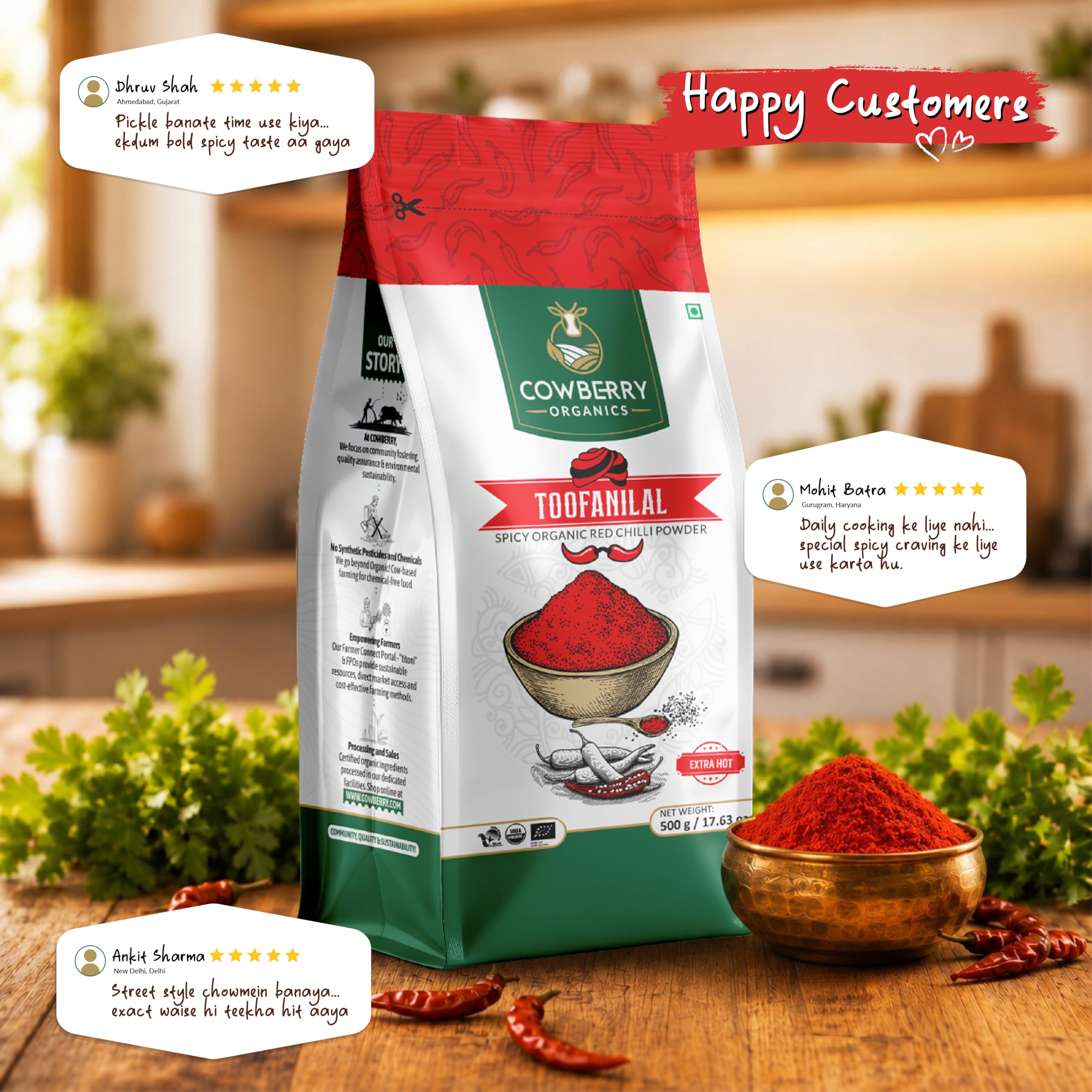 COWBERRY Organic Toofanilal Red Chilli Powder/Lal Mirch 500 g, Slow-Ground Extra Spicy & Extra Hot | NPOP India, NOP USDA, EU Organic Certified | Lab-Tested 252+ Chemicals & Glyphosate Free product image 4