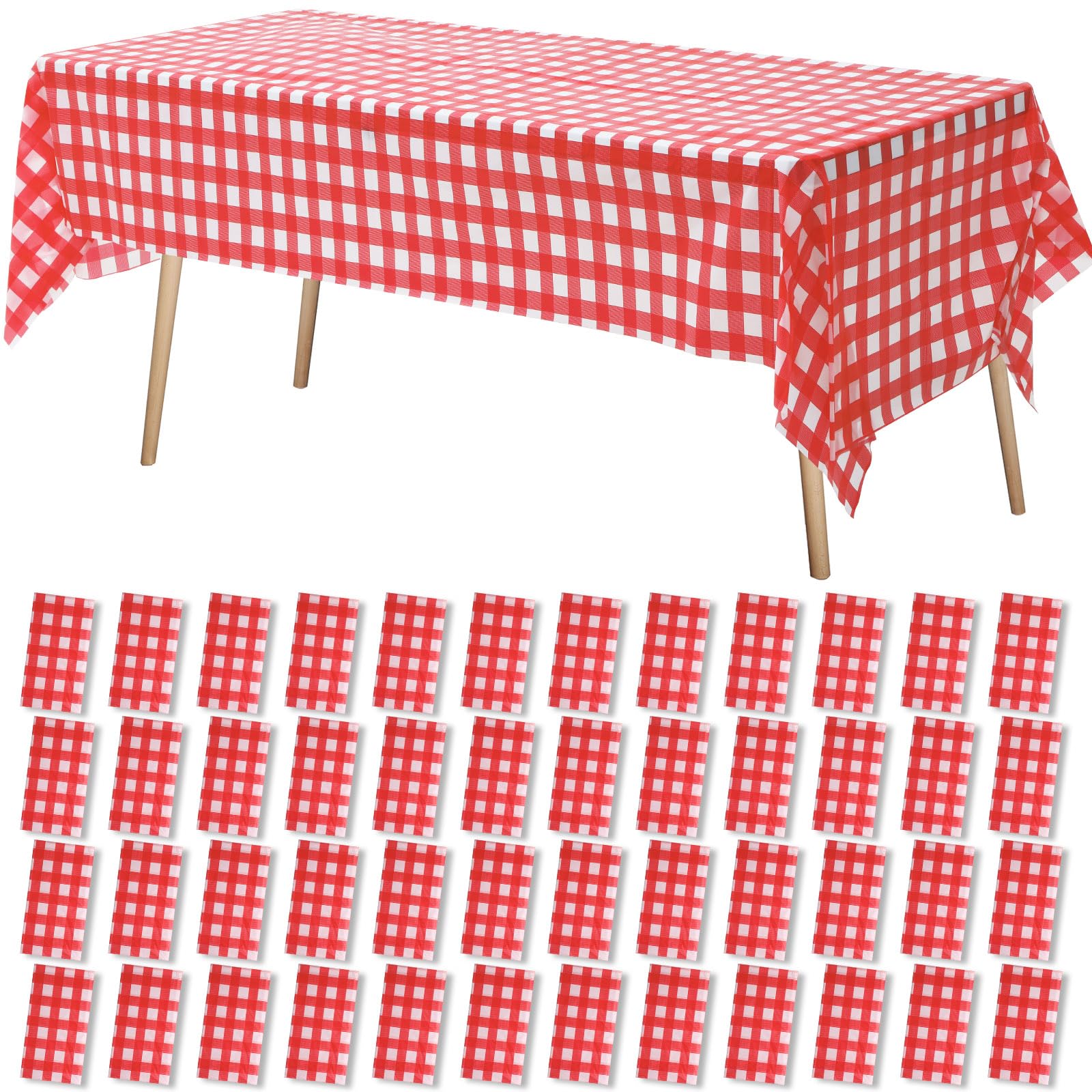 VitalCozy 48 manteles de plástico a cuadros rojos y blancos de 108 x 54 pulgadas, manteles desechables a cuadros rojos para fiestas, cumpleaños, bodas, barbacoas, mesa rectangular de 8 pies
