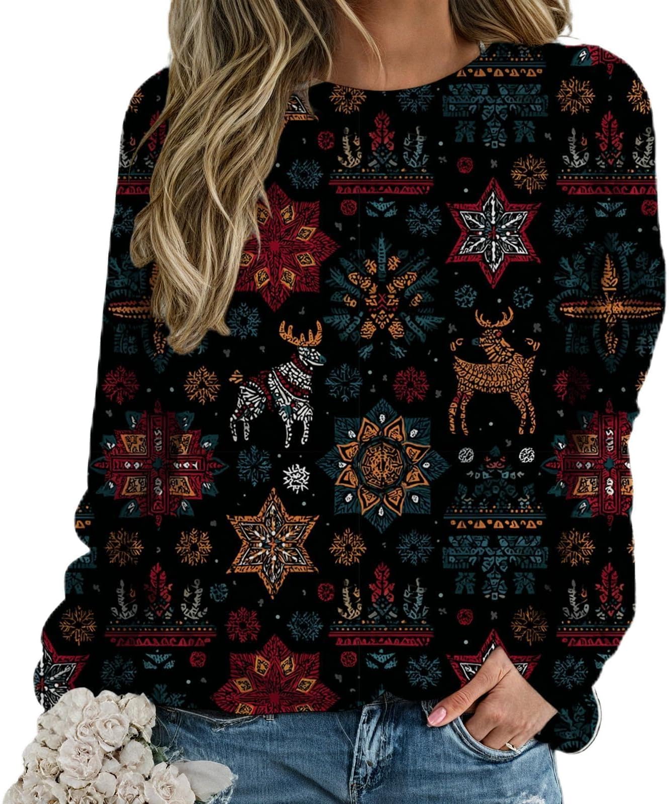 Womens Shirts Trendy Christmas Elements Pattern Print Pullover Tops Crewneck Long Sleeve Casual Fall Clothes