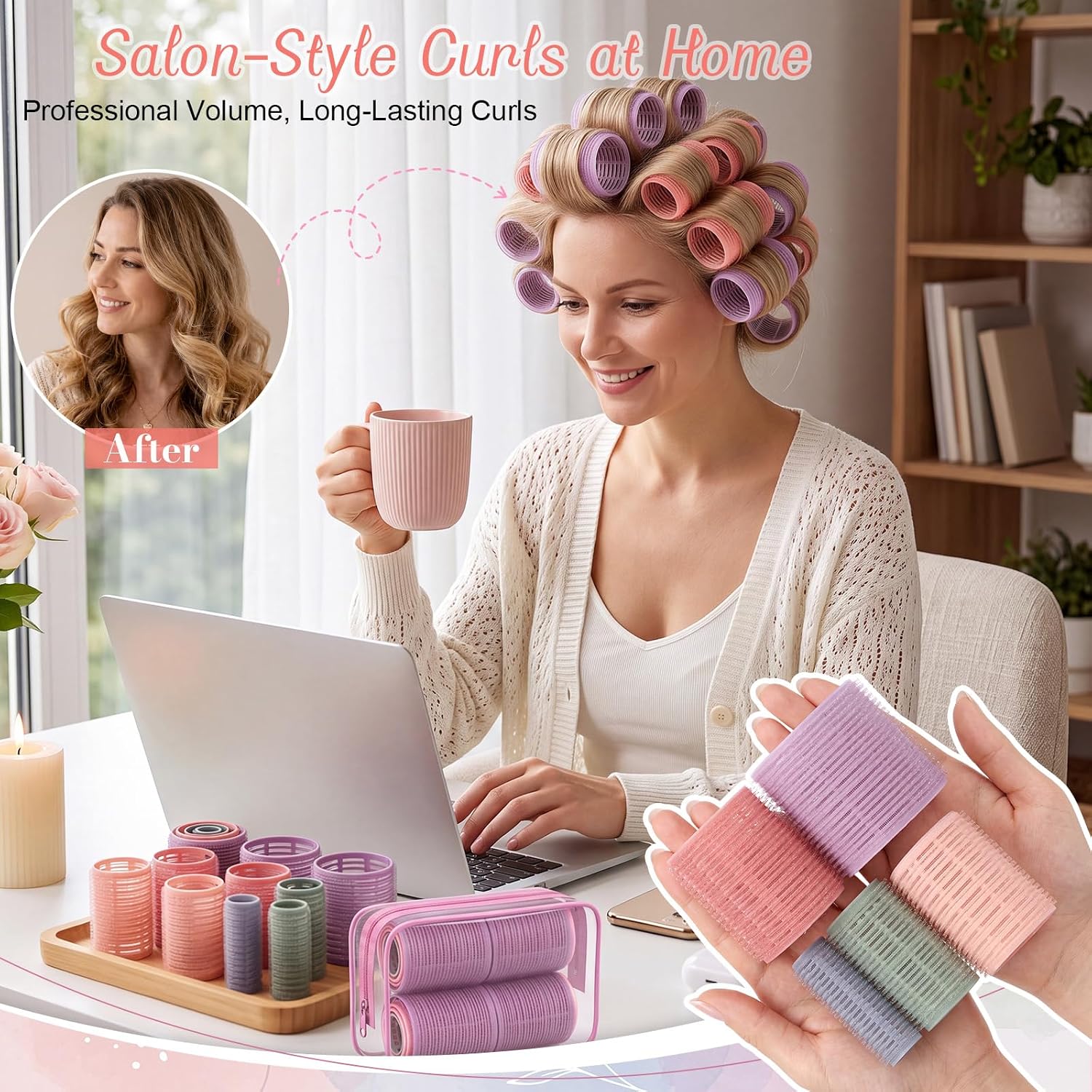 42 Pcs Hair Curler Roller Set 5 Sizes Self Grip Hair Rollers for Women with Clips, Comb and Portable Makeup Bag for Long Medium Short Thick Volume Bangs, Morandi Color