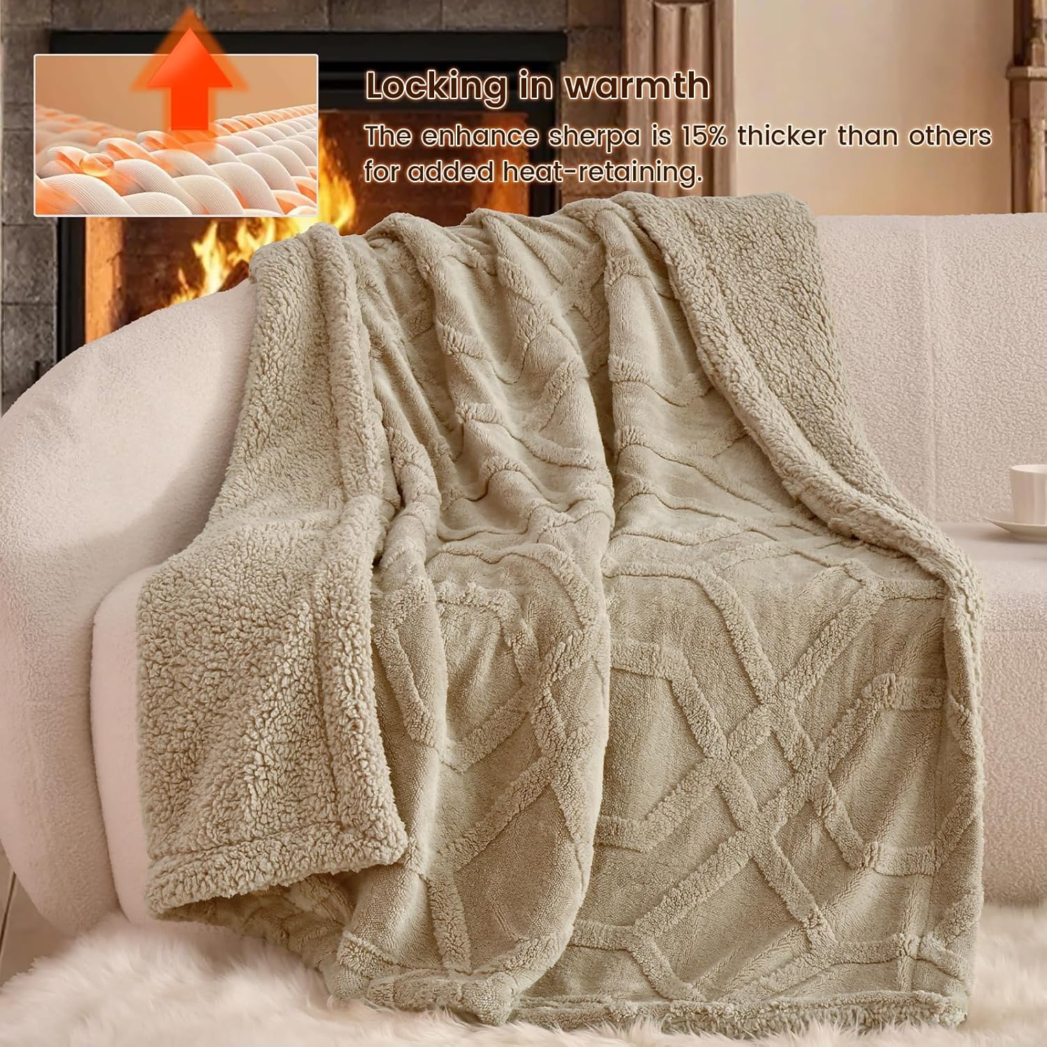 PHF Fluffy Sherpa Fleece Blanket Queen Size for Winter, Warm and Cozy, 510GSM 3D Tufted Shaggy Fleece Blanket for Sofa Bed, Khaki, 90"x90" - Image 2