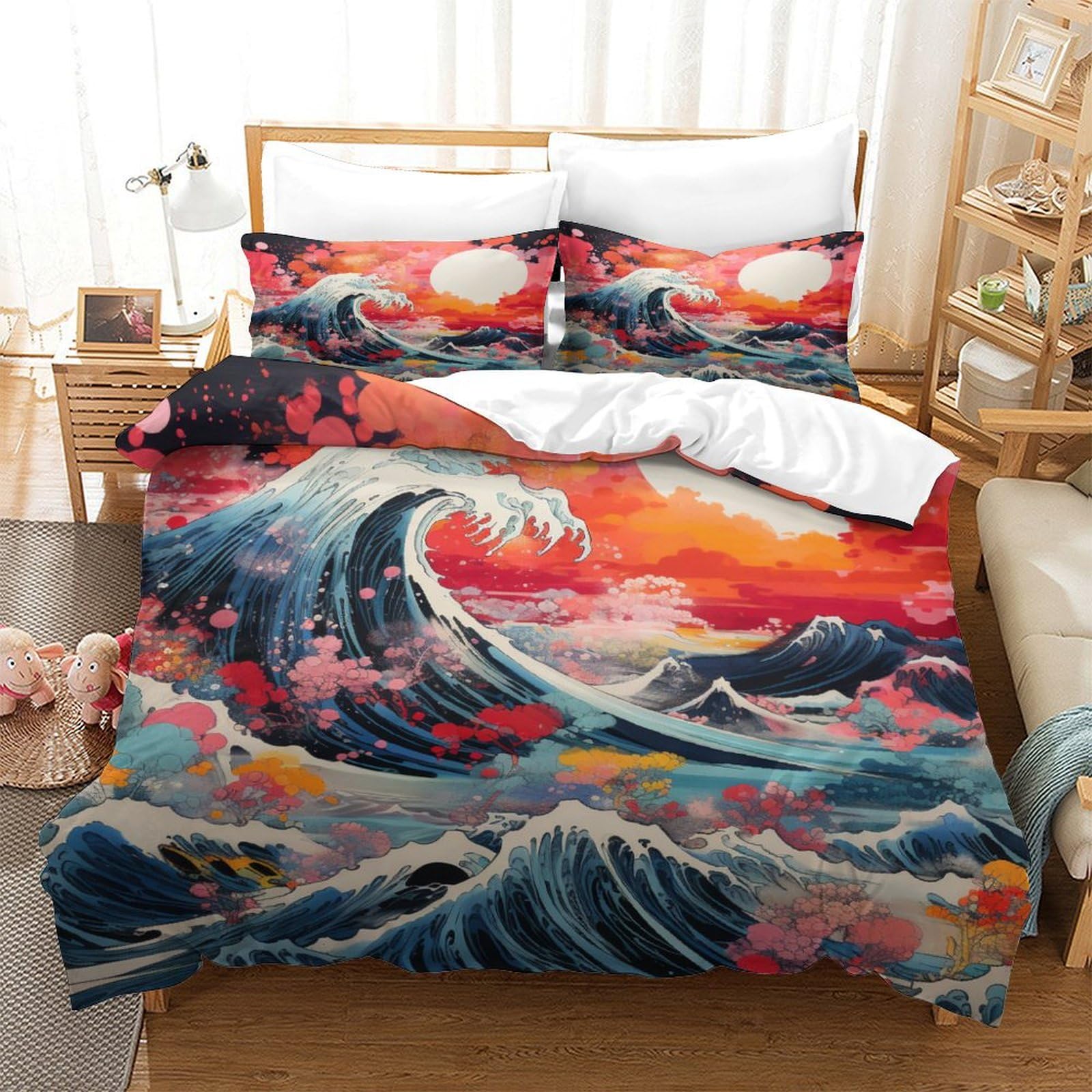 GXYUAOIEF Japanese Style Waves Duvet Cover 3 Pieces 3D Printed Ukiyoe Microfibre Bedding With 2 Pillowcases Zipper Closure For Girls Teens Single（140x200cm）