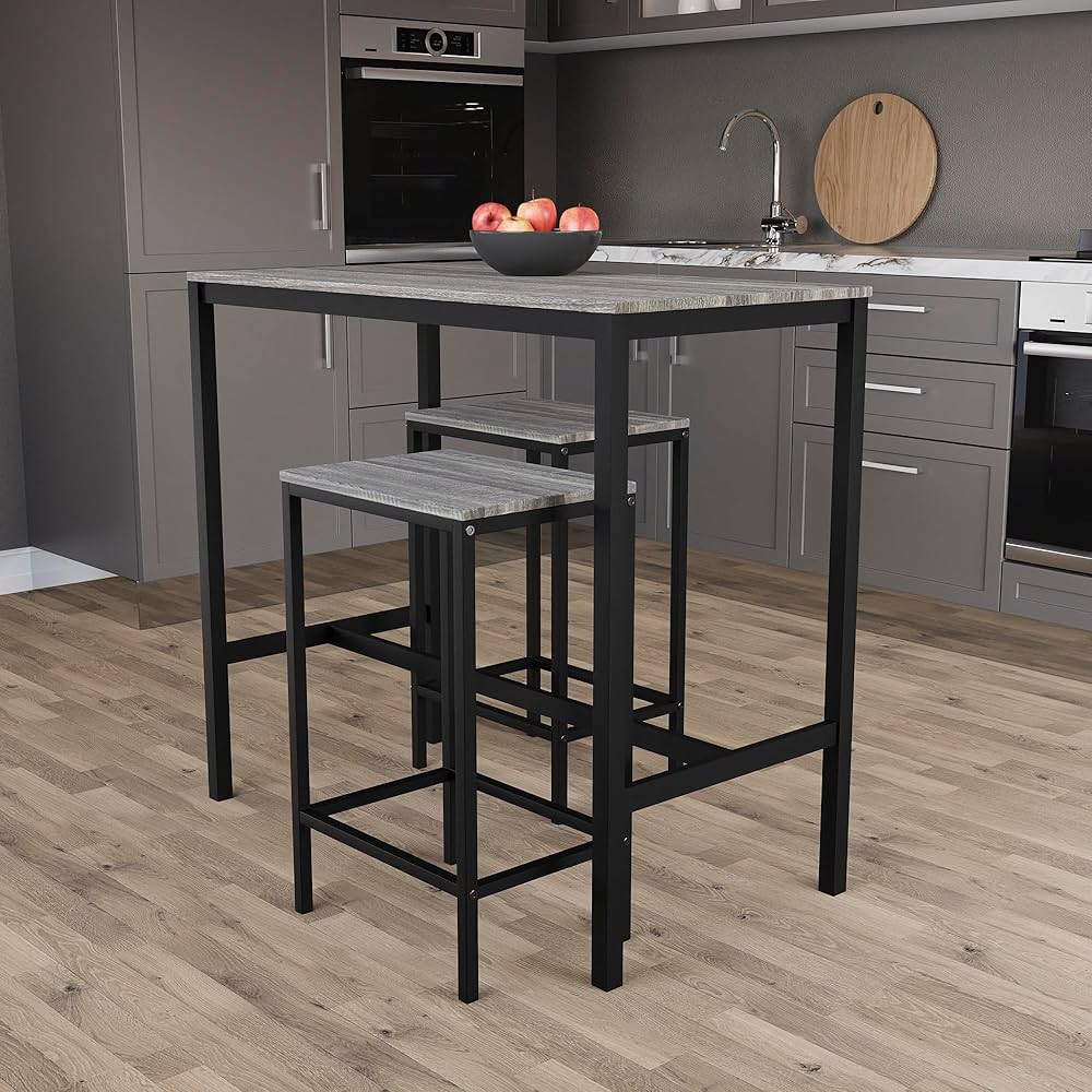 Table Haute De Bar Festnight Avec étagères - 115 X 59 X 200 Cm, Dessus Gris, Aggloméré, Idéale Cuisine Ou Bureau