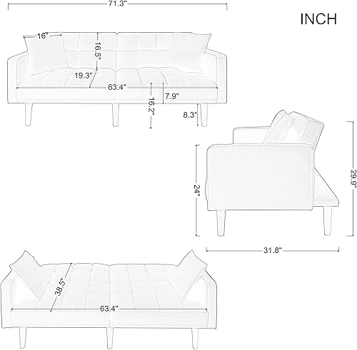 Miniatura 2 de LCH Moderno sofá tipo futón tipo Tuft convertible de dos plazas sofá cama reclinable tamaño individual con brazos y 2 almohadas para sala de estar
