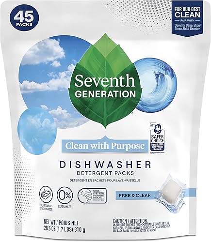 Seventh Generation Paquetes de detergente para lavavajillas para platos espumosos, pestañas transparentes y libres de 45 unidades
