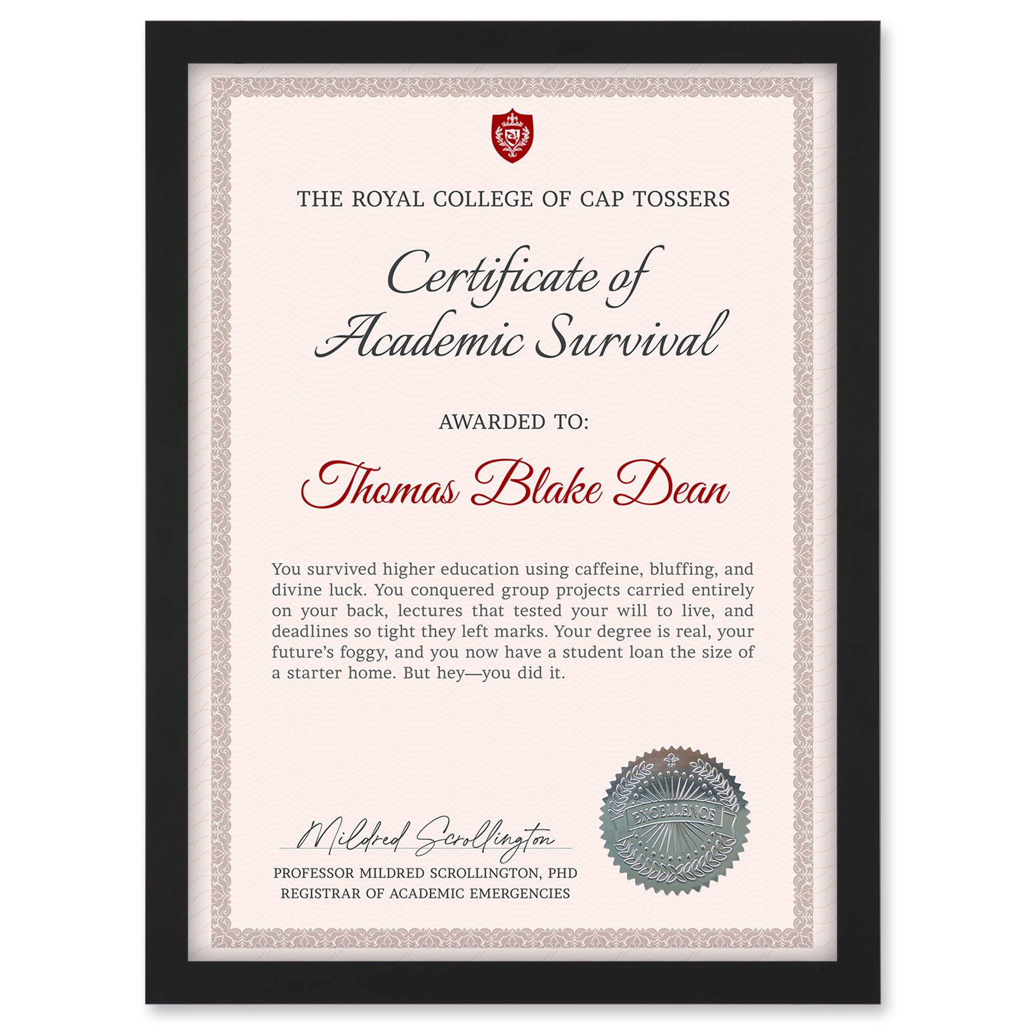 Artery8 Personalised Fun Fake Certificate of Academic Survival Funny Gag Fun Joke Graduation A4 Black Framed Diploma Novelty Award