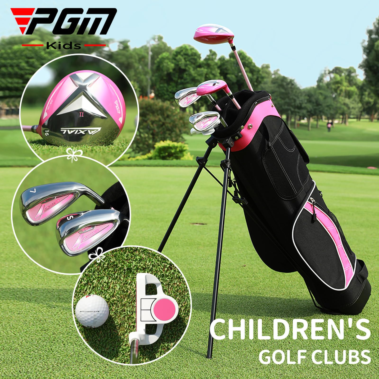 PGM Junior Golfschläger AXIAL Golfschläger Komplettset Rechtshänder für Kinder Kinder, 5 Stück Jugend Golfschläger mit Standtasche und 1 Schlägerhaube für Jungen & Mädchen