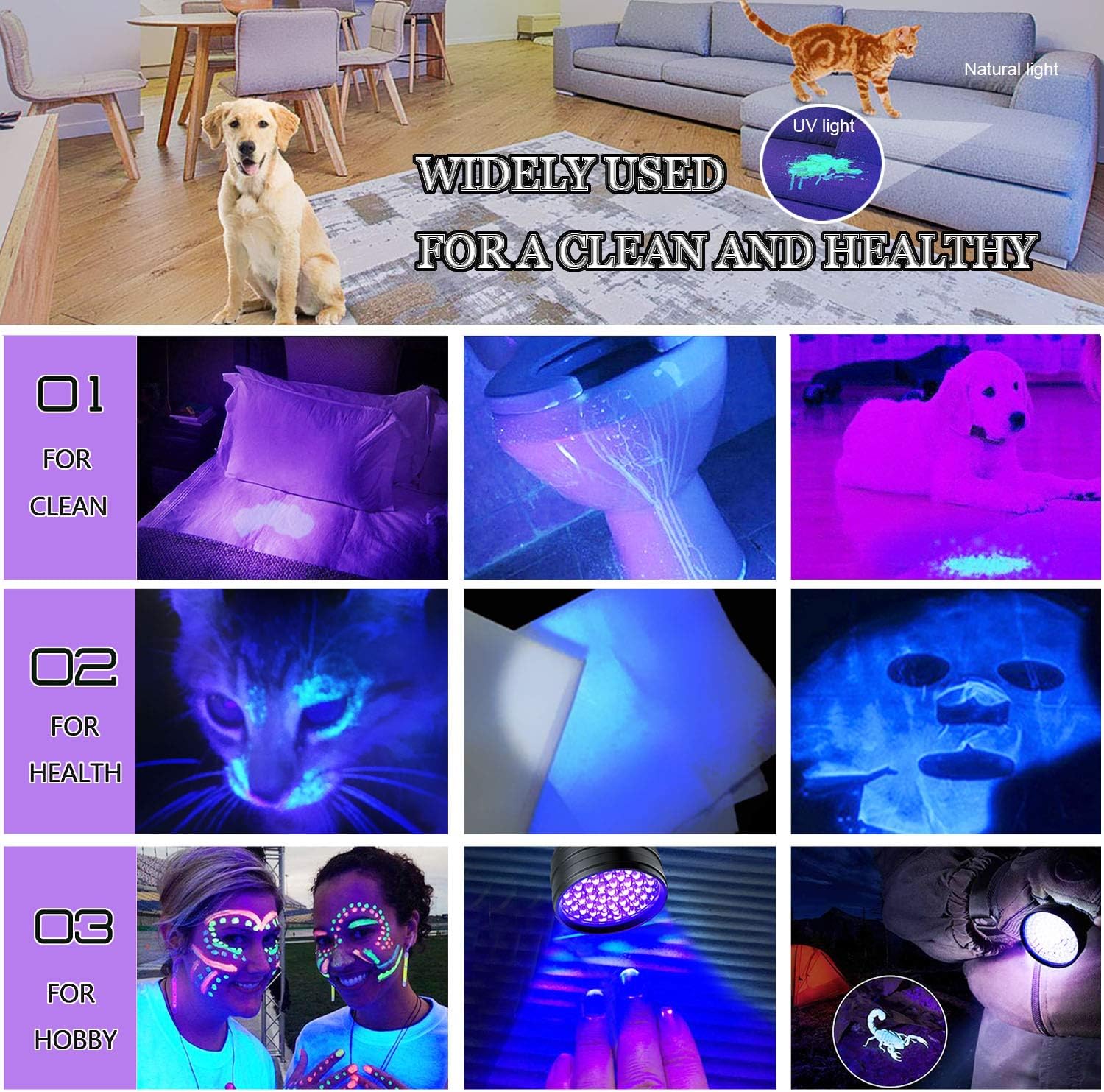 AOLOX Flashlight Black Light 51 LED Torch Light Ultraviolet Detector for Dog Urine Pet Stains and Bed Bug, used with pet odor eliminator