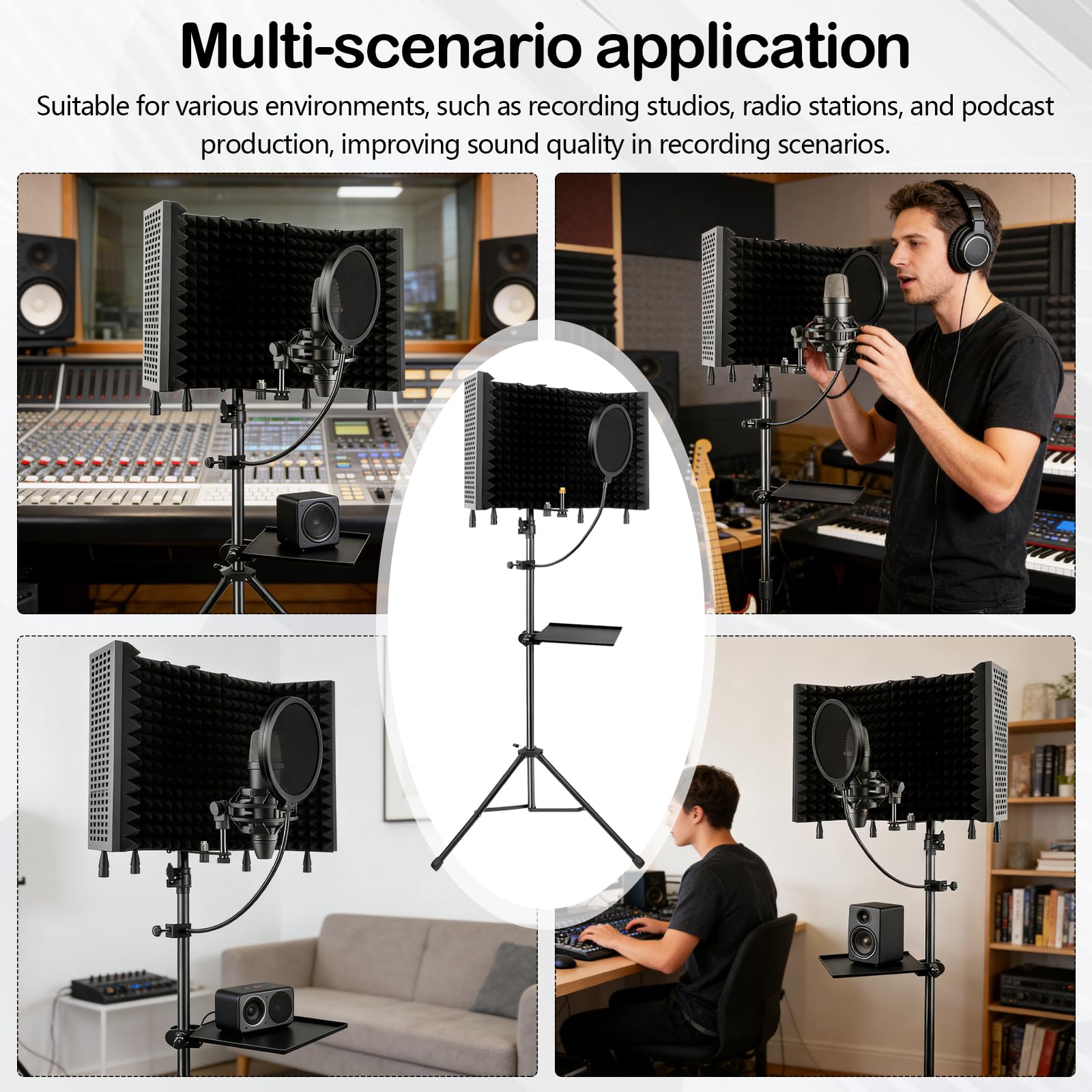 Mikrofon Schallschutz, 5 Panel Standmikrofon Akustikschaumstoff Windschutz mit 180CM Einstellbare Stativ Mikrofonständer für 3/8 '' bis 5/8 '' Mikrofon Adapter für Aufnahmegerät Aufnahmestudio