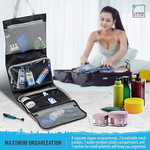 Miniatura 6 de Lewis N. Clark Neceser colgante para accesorios de viaje, champú, cosméticos + artículos personales con compartimento impermeable y diseño plegable,