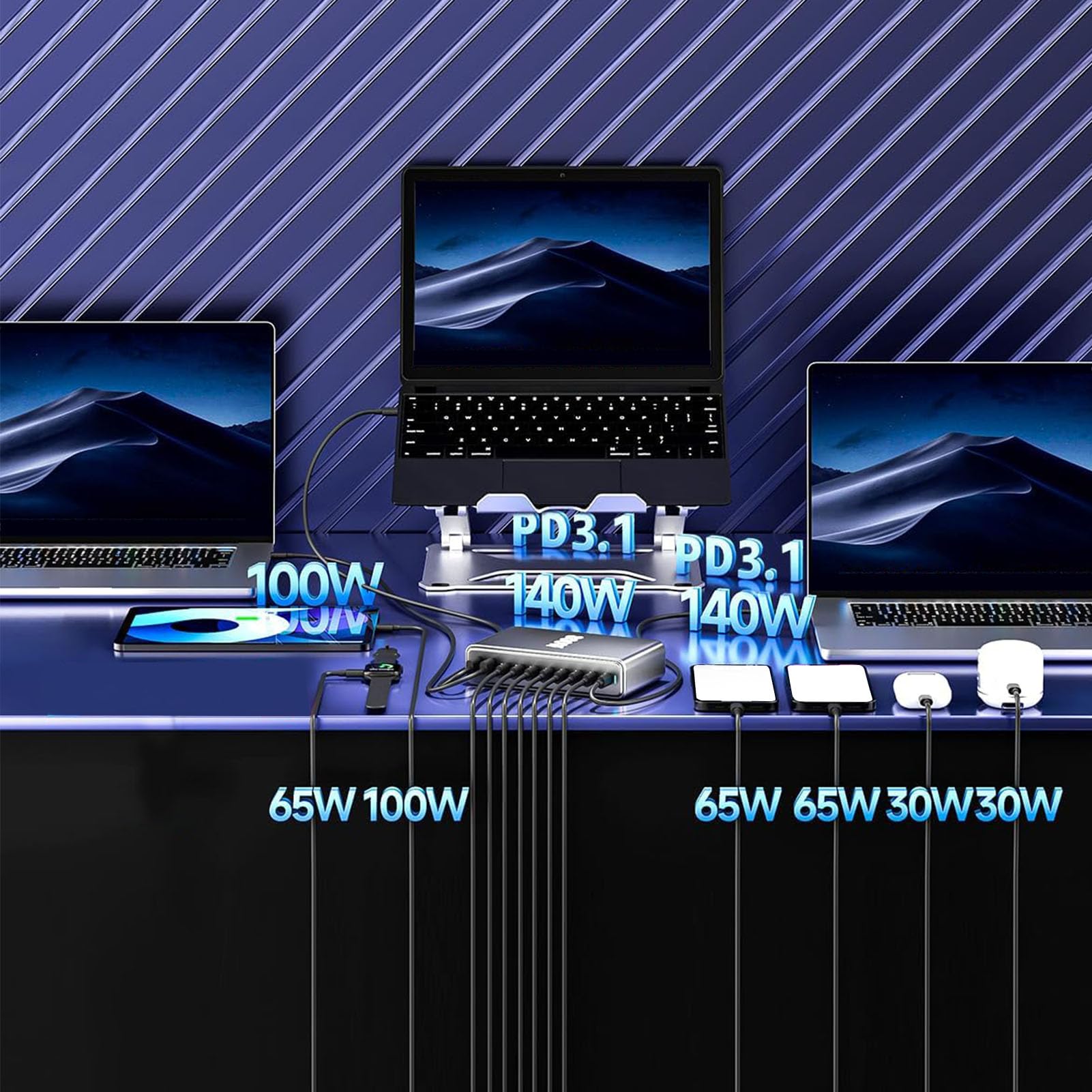Sxhlseller Estación de Carga PD USB C de 880W, Cargador GAN de 10 Puertos para Uso Familiar en Viajes de Oficina, Carga Rápida PD de 880W con Múltiples Dispositivos (Enchufe de la UE)