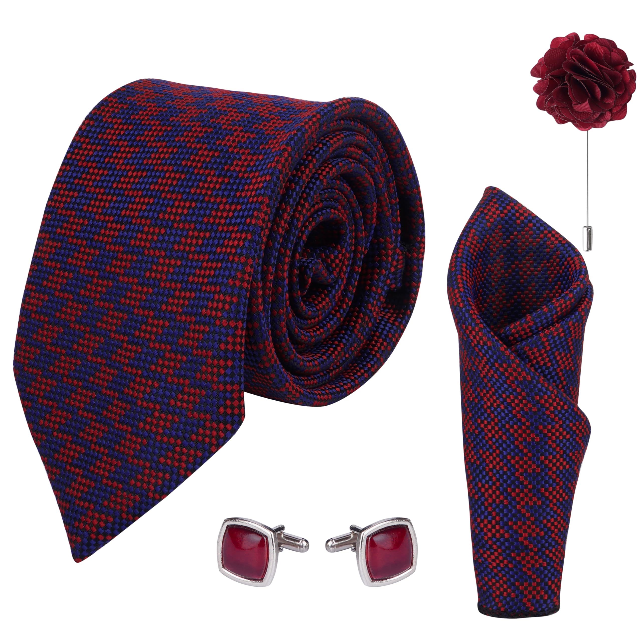 calixto Men's Microfibre Italian, Floral Printed Necktie Tie With Pocket Square,Lapel Pin,Cufflinks (Leatharite Gift Box) (Pack of 4) 8-picture-40