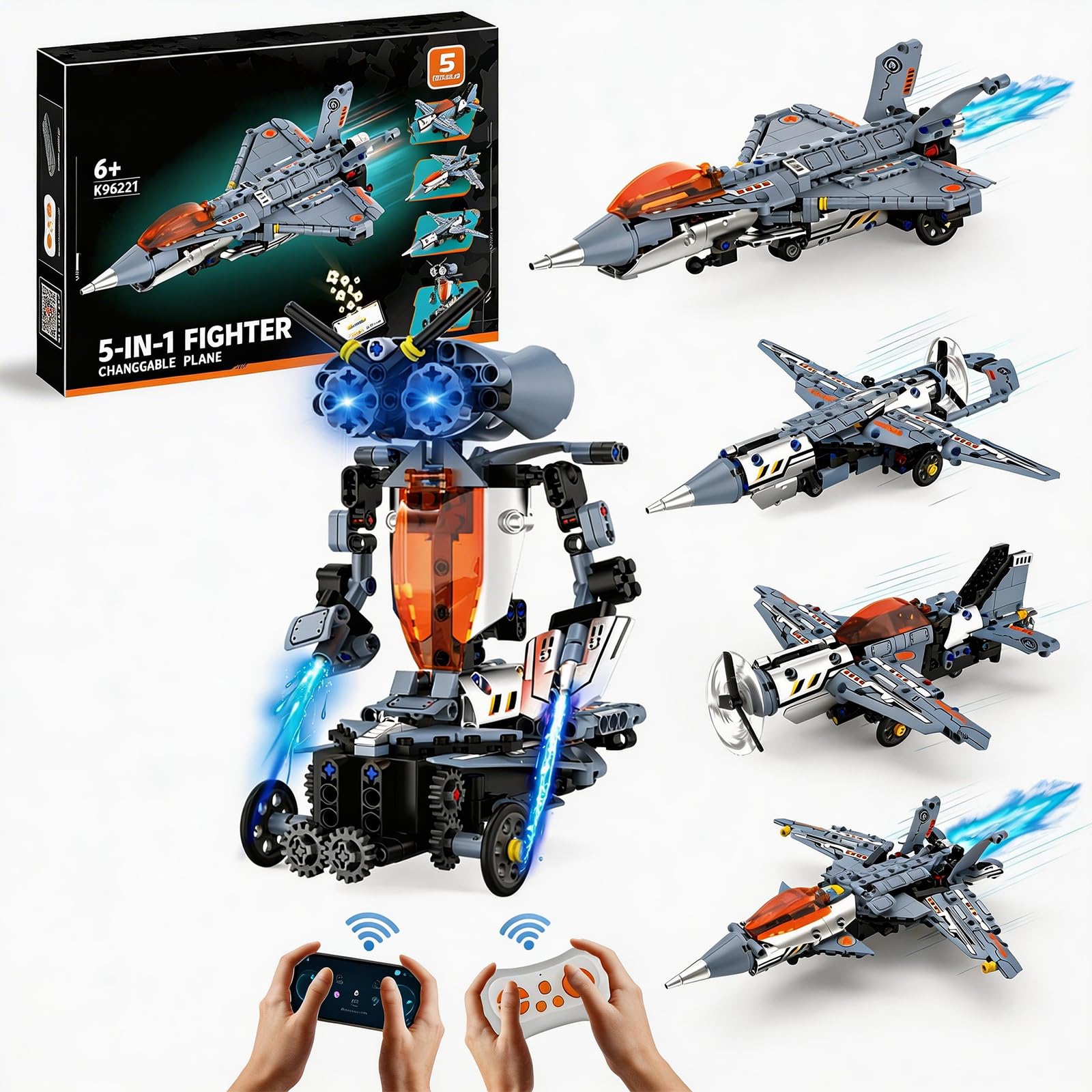 Icetop 5 in 1 STEM RC Robot Building Kit, Airplane Toys RC Fighter Robot Kit 334 Piece STEM Building Set Jet UAV Mecha Models Gift for Boys Girls
