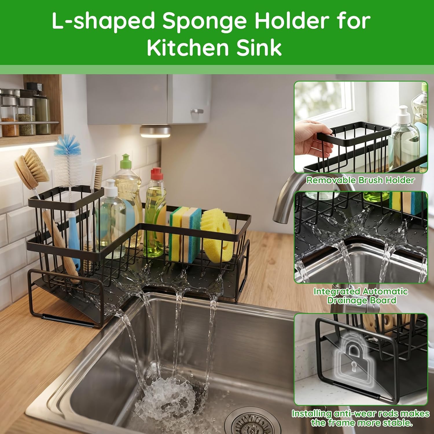 Sponge Holder for Kitchen Sink L-Shaped Metal Kitchen Sink Caddy