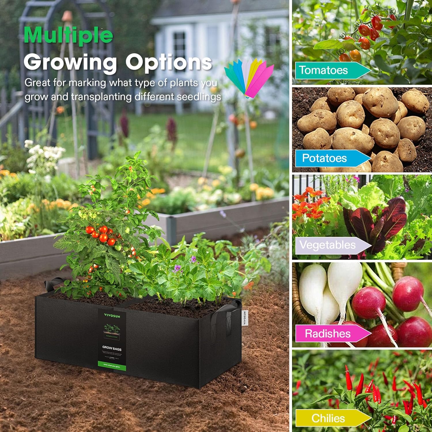 VIVOSUN 3-Pack 2-Grid 10 Gallon Grow Bags, Heavy Duty Square Plant Grow Pots, 400G Thickened Breathable Fabric Plant Container with Reinforced Handles & 10 Pcs Plant Labels for Flowers, Vegetables - Image 6