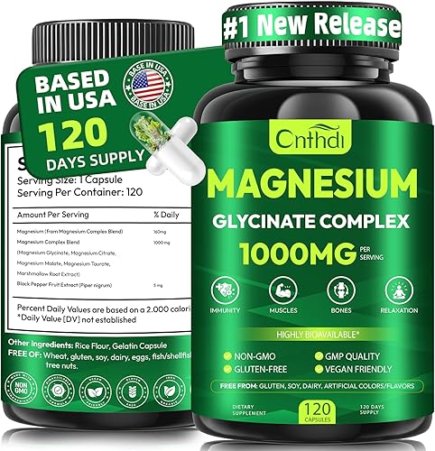 Complejo de glicinato de magnesio 1000 mg, suplemento de magnesio con citrato, malato y taurato para mujeres y hombres, 120 cápsulas, quelatado de
