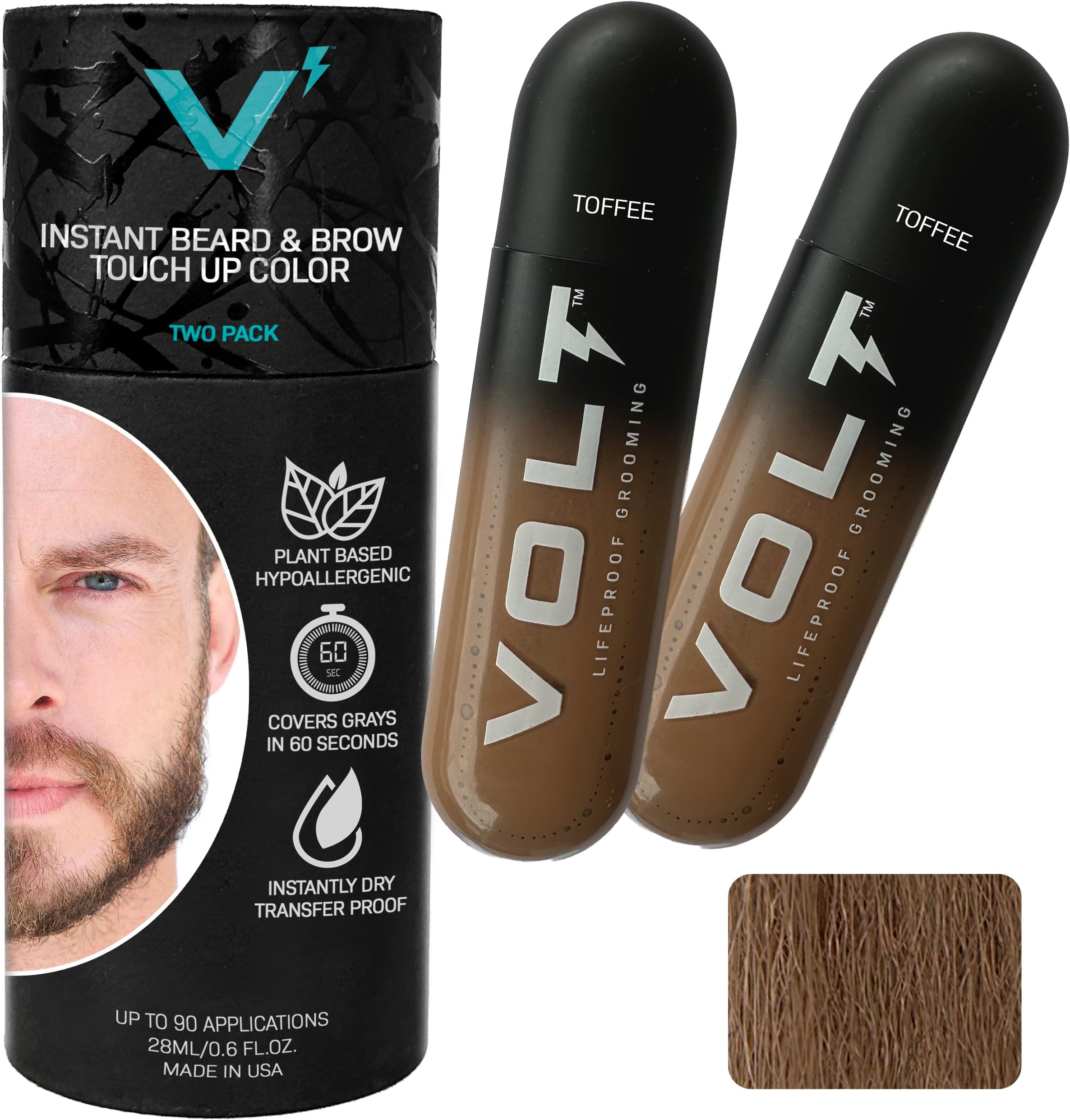 VOLT Grooming Temporary Instant Beard Color for Men, Quick-Drying Plant-Based Brush-On Beard, Hair, Mustache & Eyebrow Color, Safe for Sensitive Skin, Toffee Light Brown, 2-Pack Refill
