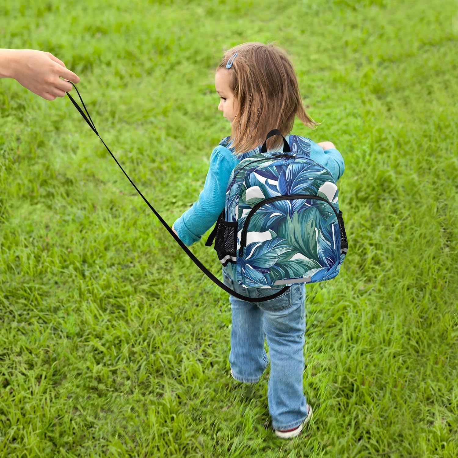 Green Blue Leaf Toddler Harness Backpack for Boys Girls 3-6 Years Kids Backpack with Anti Lost Safety Leash Child Leash Backpack for Preschool Walking Travel