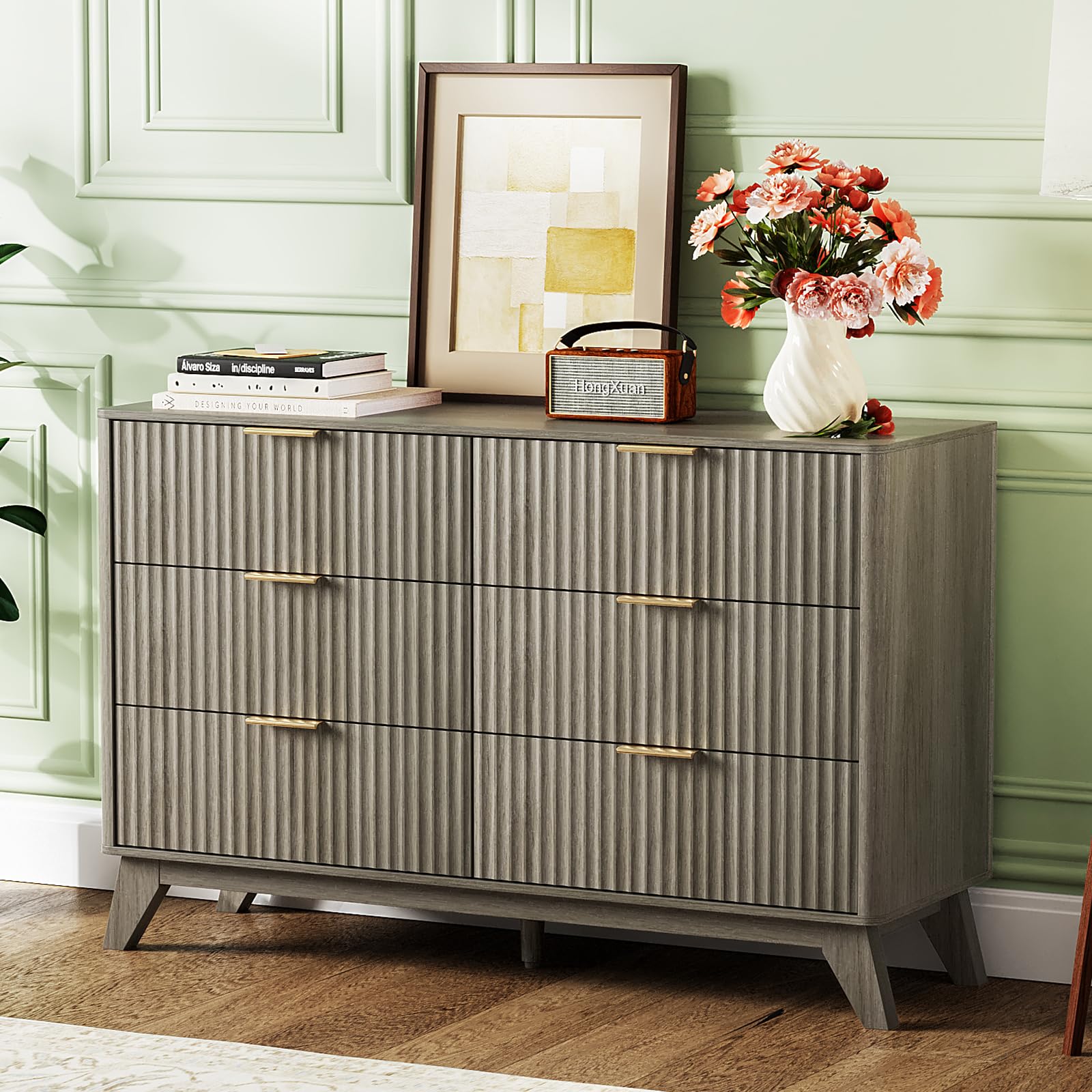VINGLI Fluted Grey 6-Drawer Dresser