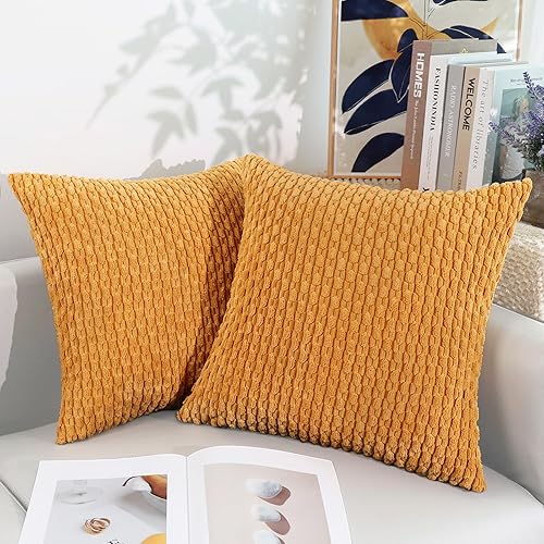 Miniatura 8 de Lacette Paquete de 2 fundas de almohada decorativas de 20 x 20 pulgadas, fundas de cojín cuadradas de pana a rayas suaves, fundas rústicas para