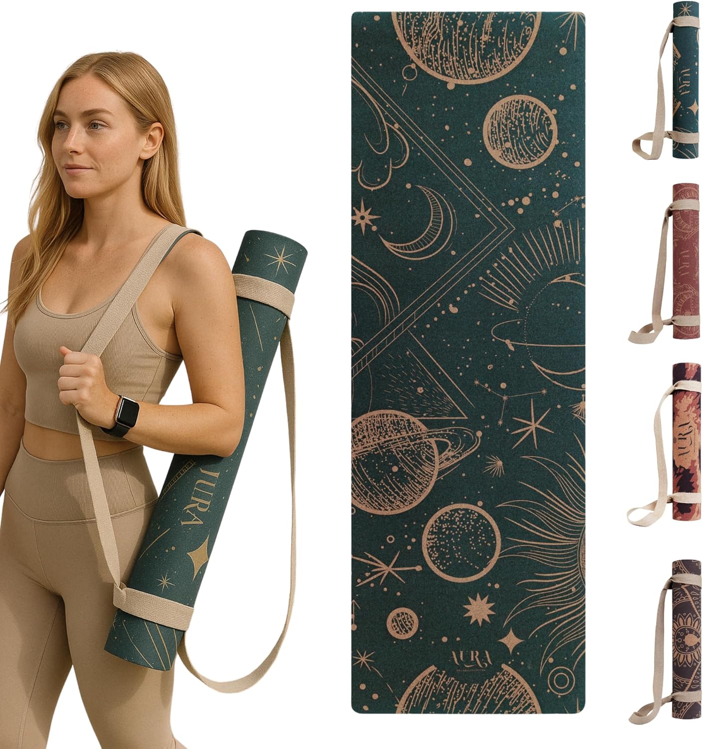 AURA Wellness – Yoga Mat Cork Eco Friendly, Strap Included, 4mm Thick, Non Slip Exercise Pilates Gym Fitness Mats Natural Sport Workout Equipment for Home Hot Yoga Meditation Training Foldable