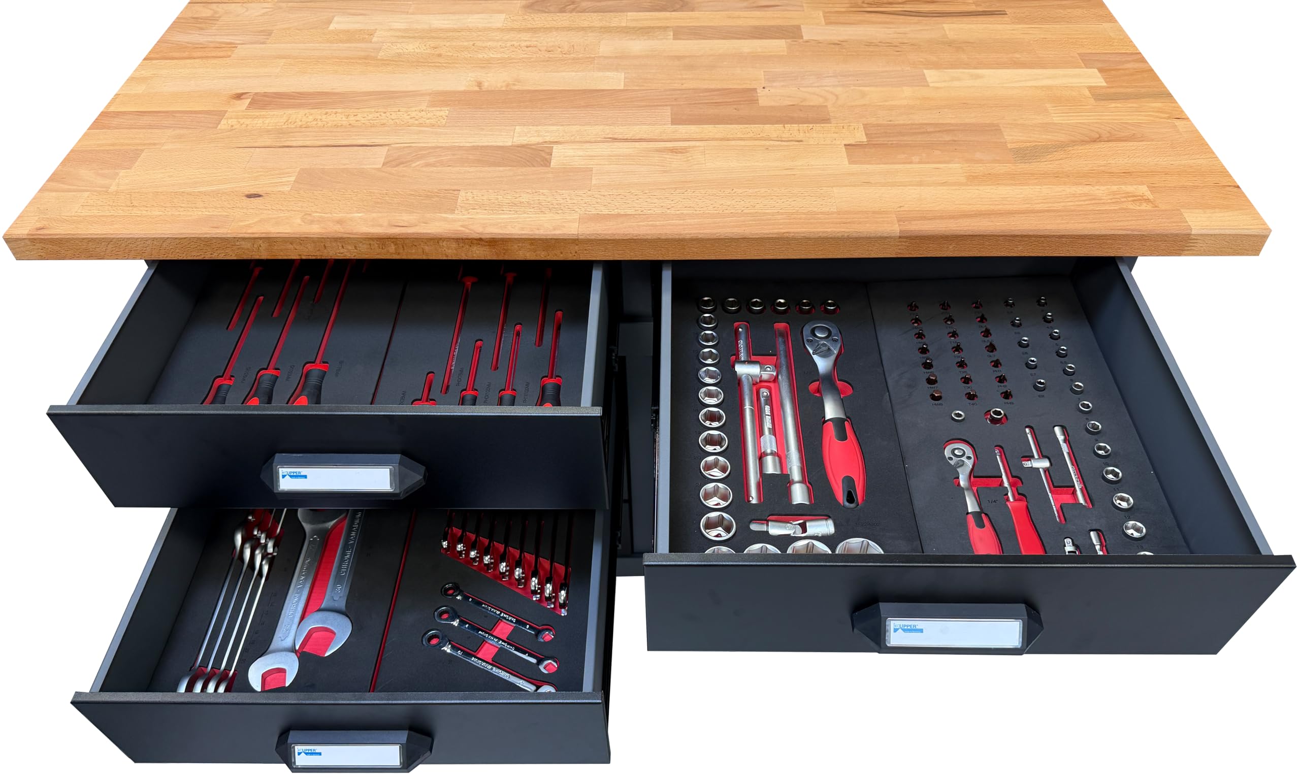 Küpper Werkstatt Werkbank mit 10 Werkzeugeinsätzen, 120x84x60cm, 5 Schubladen, 1 Tür, 300 kg Traglast, hochwertige Vollbuchenarbeitsplatte