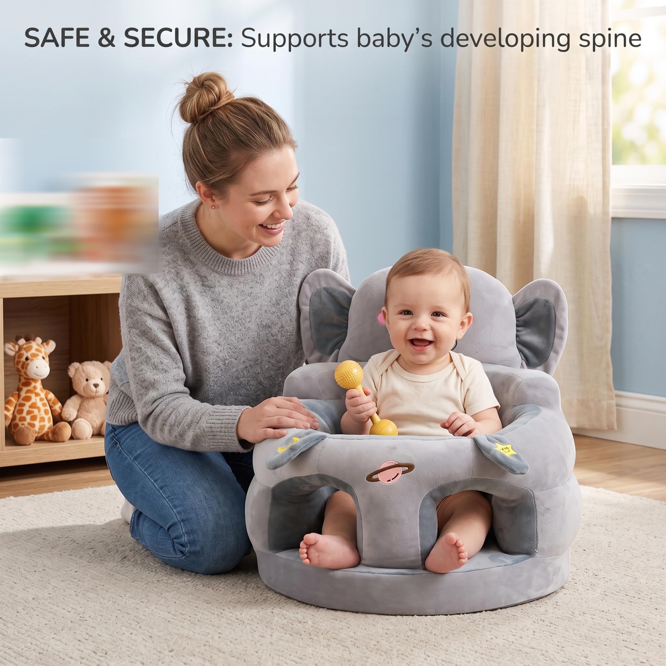 Sit Me Up Bodensitz für Babys, weicher Babysitz-Stützstuhl, grauer Elefanten-Kindersitz (17, 7 x 17, 7 x 15, 8 Zoll)