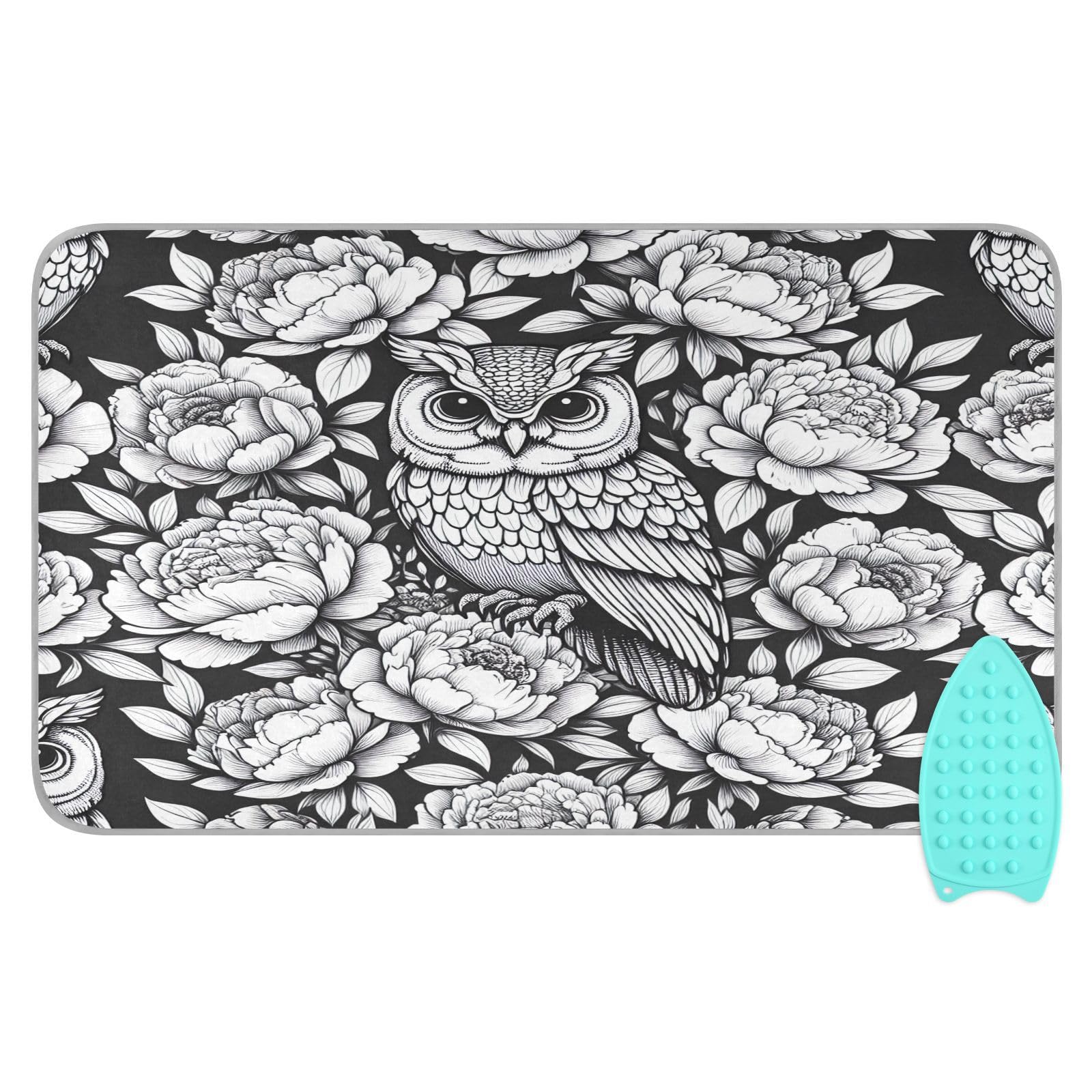 Bulletgxll Owl with Peonies Ironing Mat Portable Travel Ironing Pad Heat Resistant Ironing Blanket for Washer, Dryer, Table Top, Countertop, Ironing Board (27.6 x 47.2 Inches)