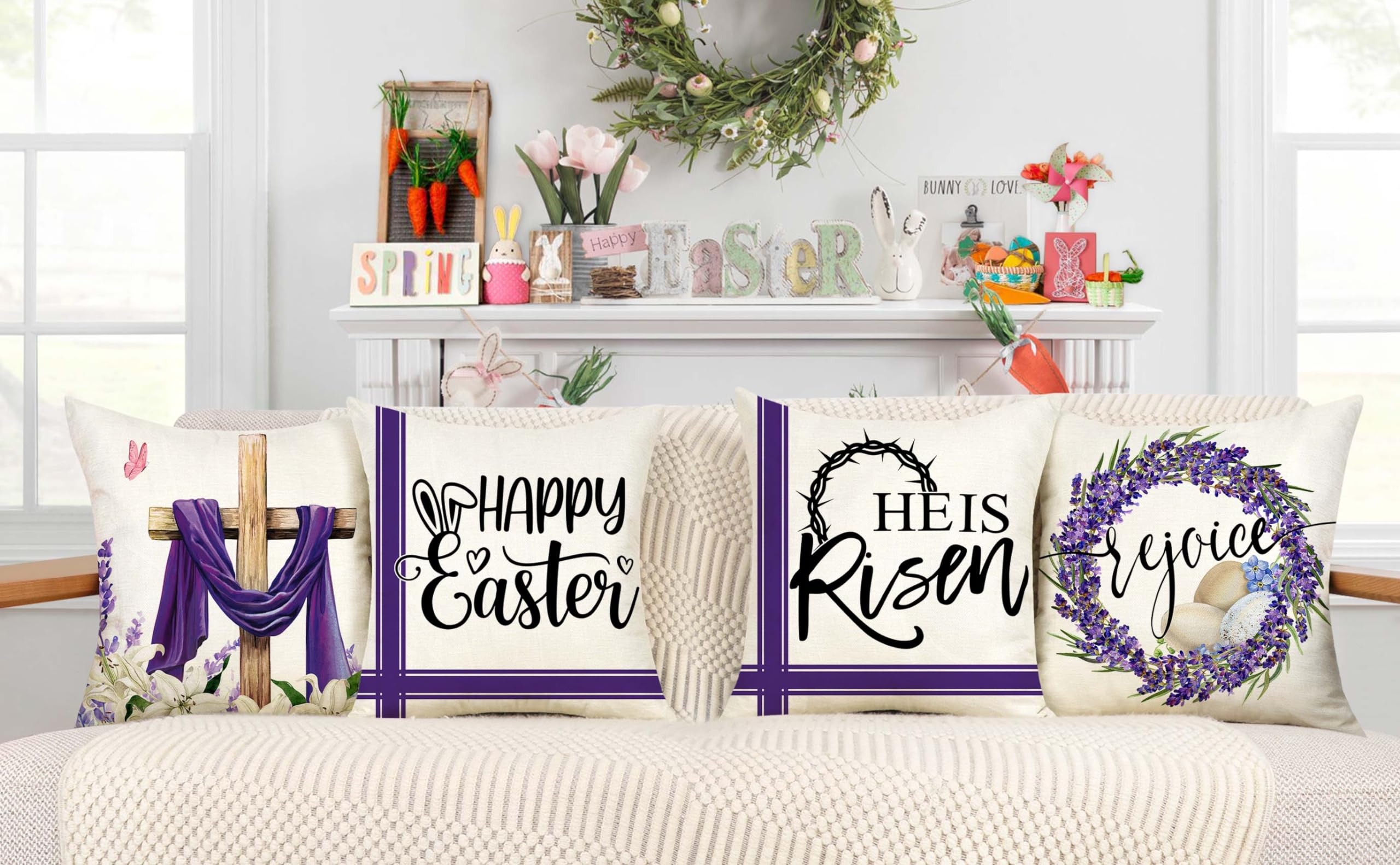 4TH Emotion Easter Throw Pillow Covers 18 x 18 Inch Set of 4, He is Risen Spring Farmhouse Holiday Purple Cushion Case for Home Sofa Couch Decoration TH177 1