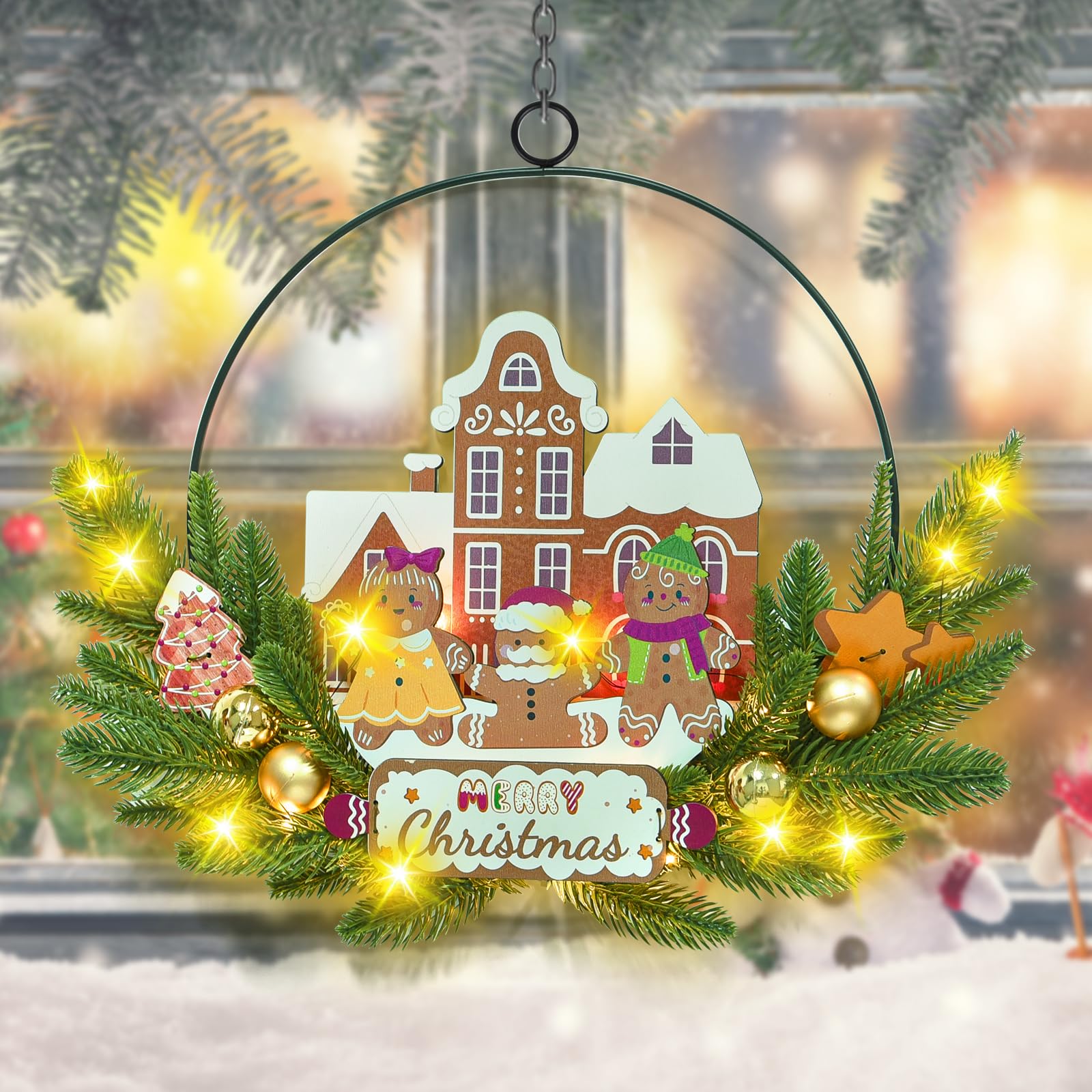 Couronne de Noël lumineuse pour porte d'entrée, couronne de bienvenue en métal et bois à suspendre, décoration murale lumineuse à 30 LED, fonctionne à piles pour Halloween, intérieur et extérieur
