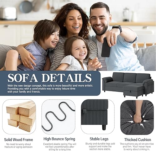 Miniatura 7 de Meilocar Sofás seccionales para sala de estar, sofá en forma de L con bolsillo lateral de almacenamiento, cómodos sofás de 3 asientos para