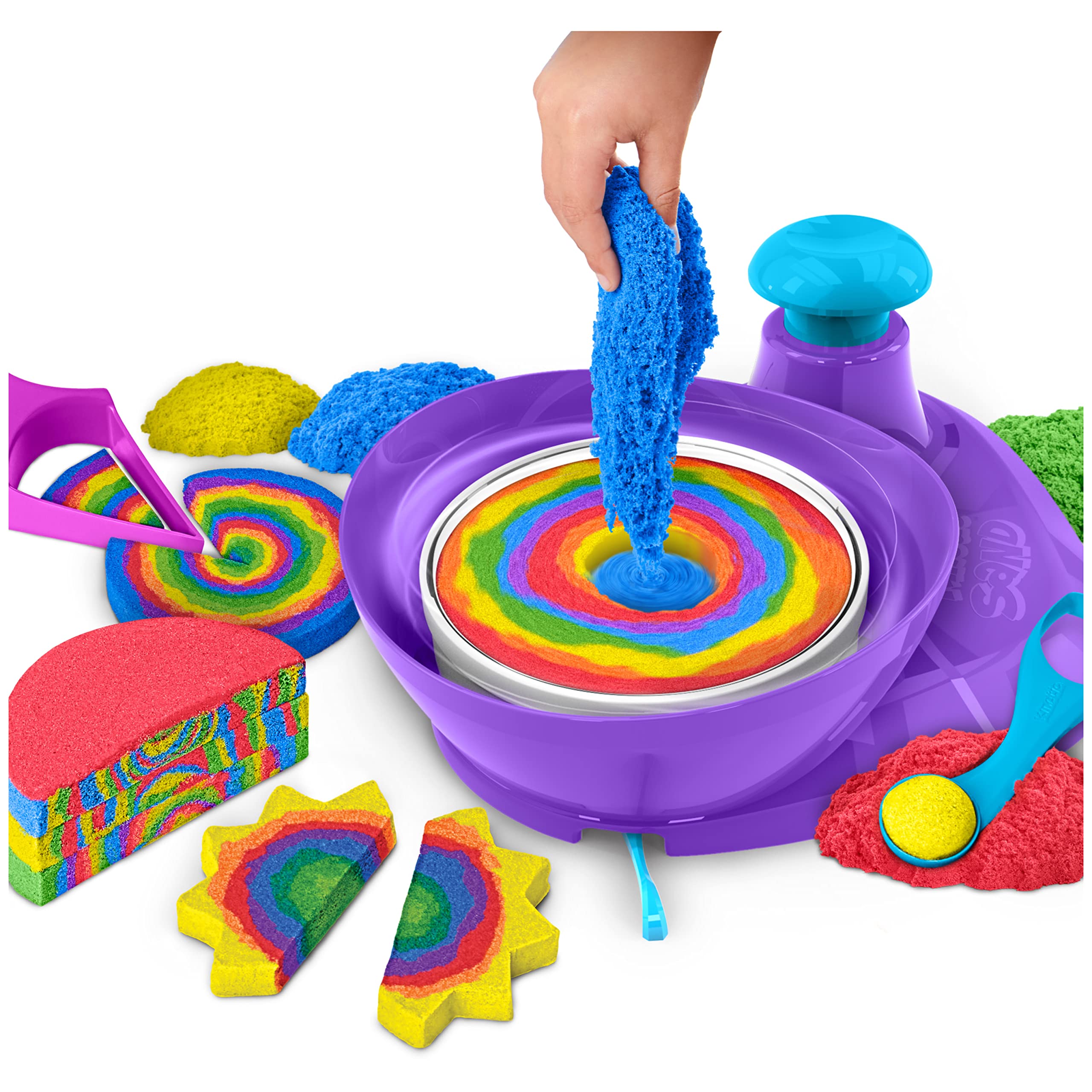 Kinetic Sand |Set Gioco Swirl N' Surprise |Sabbia Colorata in 4 variazioni | Sabbia cinetica 907gr | Sabbia Magica da Modellare | 4 Accessori e Mixer |Giocattoli per Bambini e Bambine 3 Anni