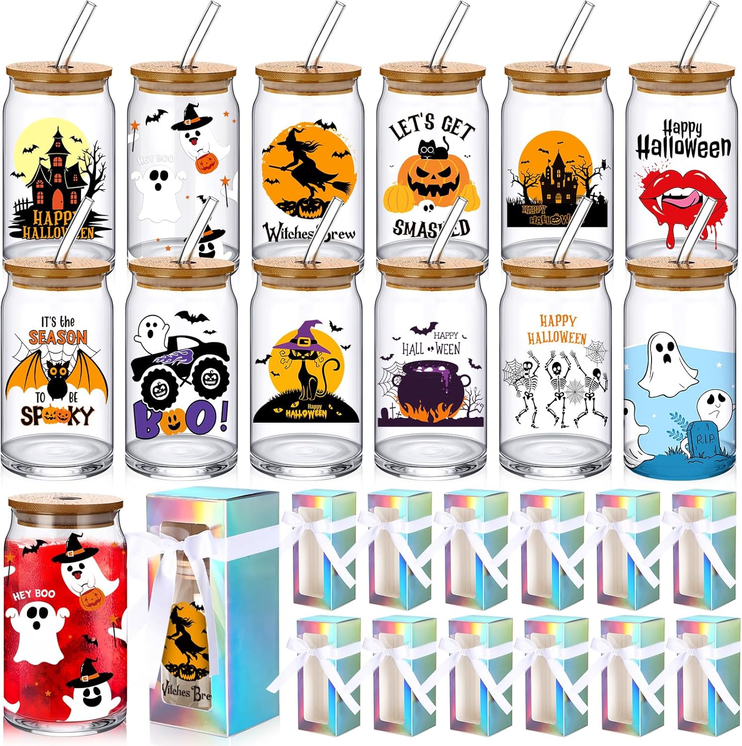 Layhit 12 Set Halloween Glass Cups Gifts 16 oz Can Shaped Beer Glass with Lids Straws Funny Halloween Gifts Bats Spooky Pumpkin Drinking Glasses with Brushes Gift Boxes Ribbon for Women Employee Staff