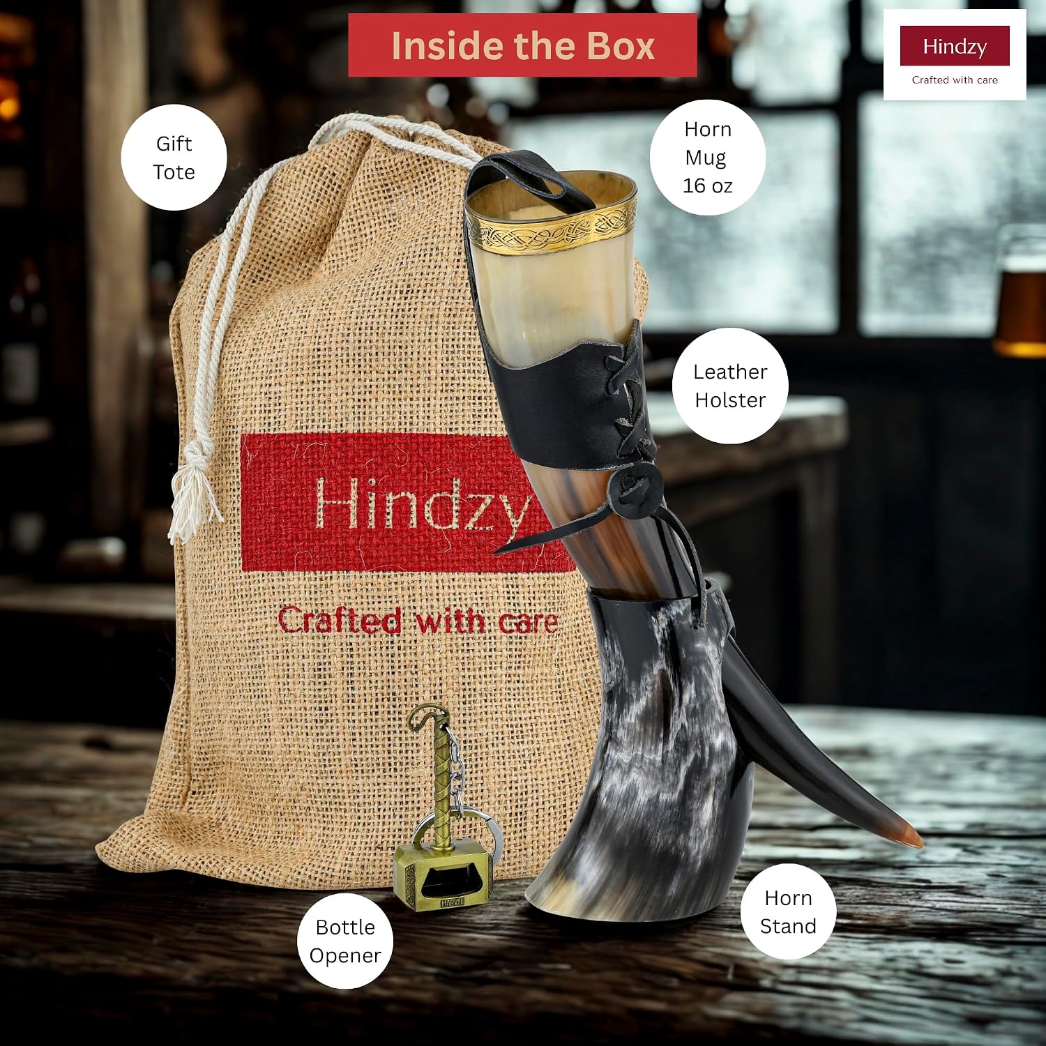 HINDZY Viking Drinking Horn with Stand – 16oz Handcrafted Ox Horn Mead Cup with Rim, Leather Holster & Thor bottle opener | Medieval Norse Style Drinking Mug for Ale, Beer, Wine & Collectible Décor