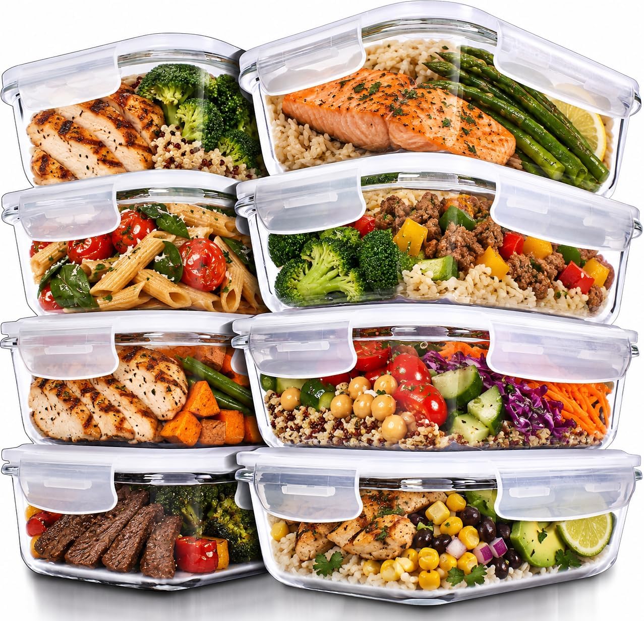Prep Naturals Glass Food Storage Box Set - 8 Pieces, 1040 ml Containers with Lids