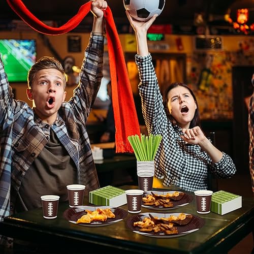 Miniatura 6 de Jinei Juego de vajilla de 300 piezas de suministros para fiestas temáticas de fútbol, incluye platos de papel, platos de postre, servilletas de 9