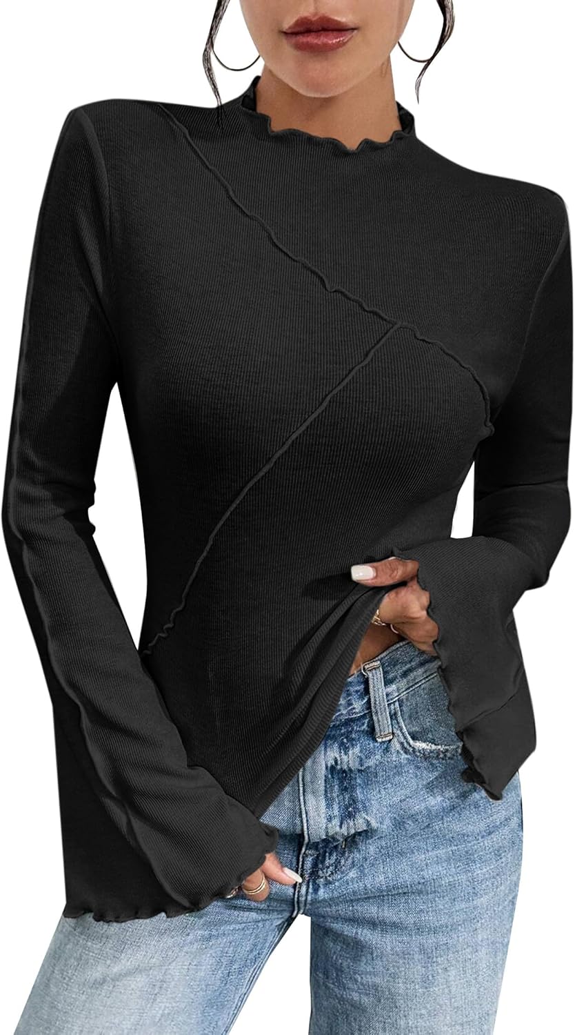 Remidoo Womens Mock Neck Bell Long Sleeve T Shirt Lettuce Trim Fitted Shirt