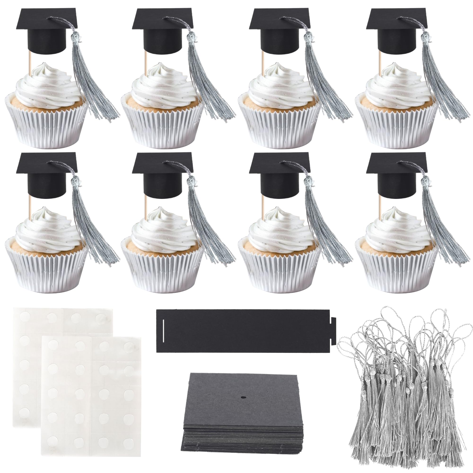 24 Pack 2026 Graduation Cap Cupcake Toppers with Silver Tassel Congrats Grad Class of 2026 Cupcake Picks Mini Graduation Cap Chocolate Decorations for 2026 School Graduate Party Decorations — image 1